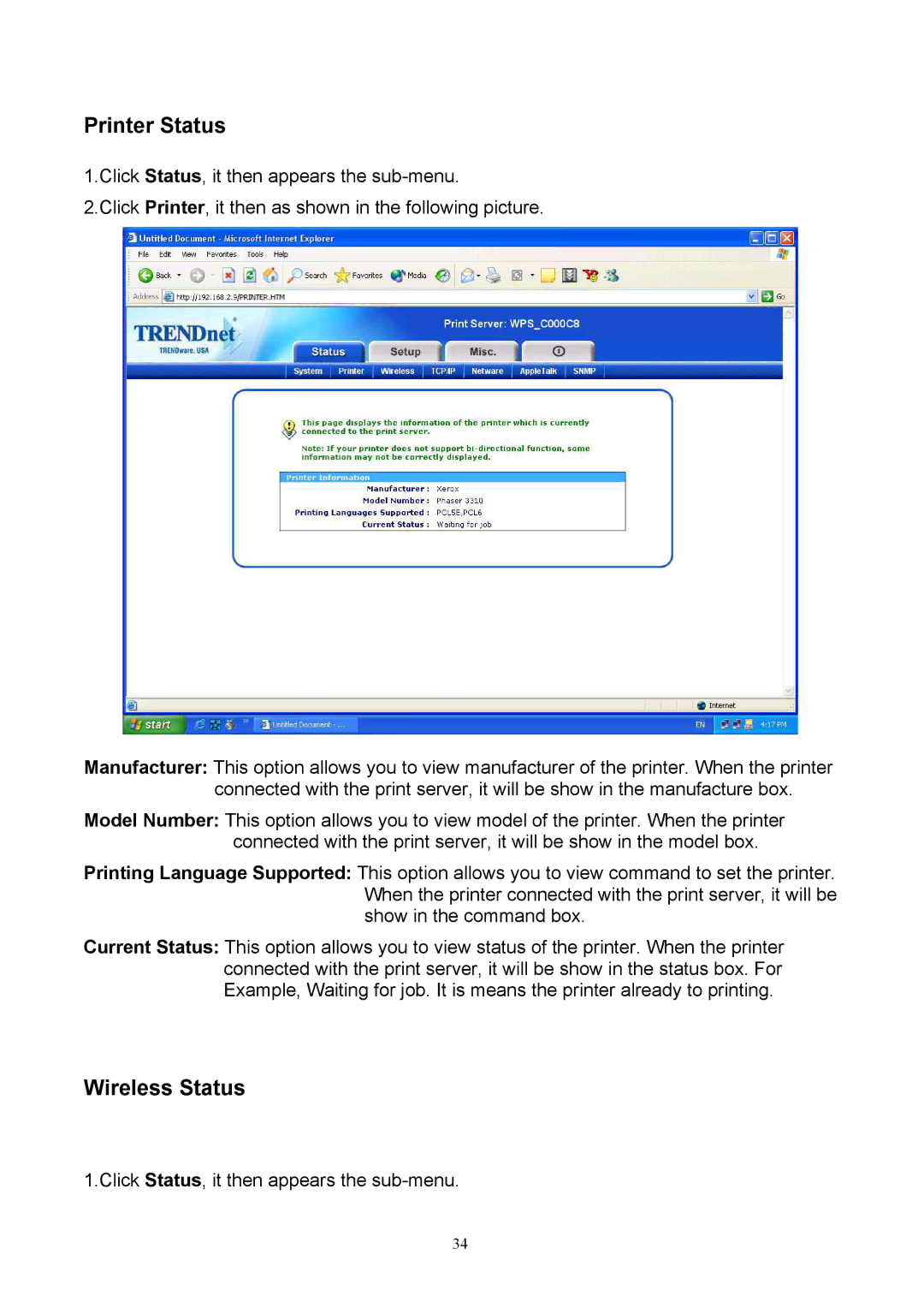 TRENDnet TEW-P1U, TEW-P1P manual Printer Status, Wireless Status 