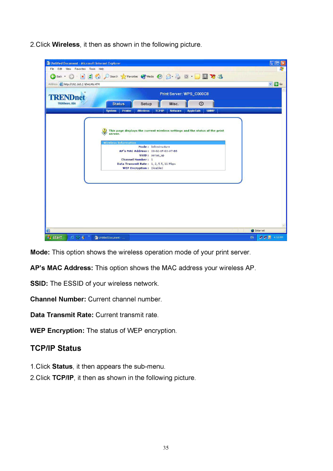 TRENDnet TEW-P1P, TEW-P1U manual TCP/IP Status 