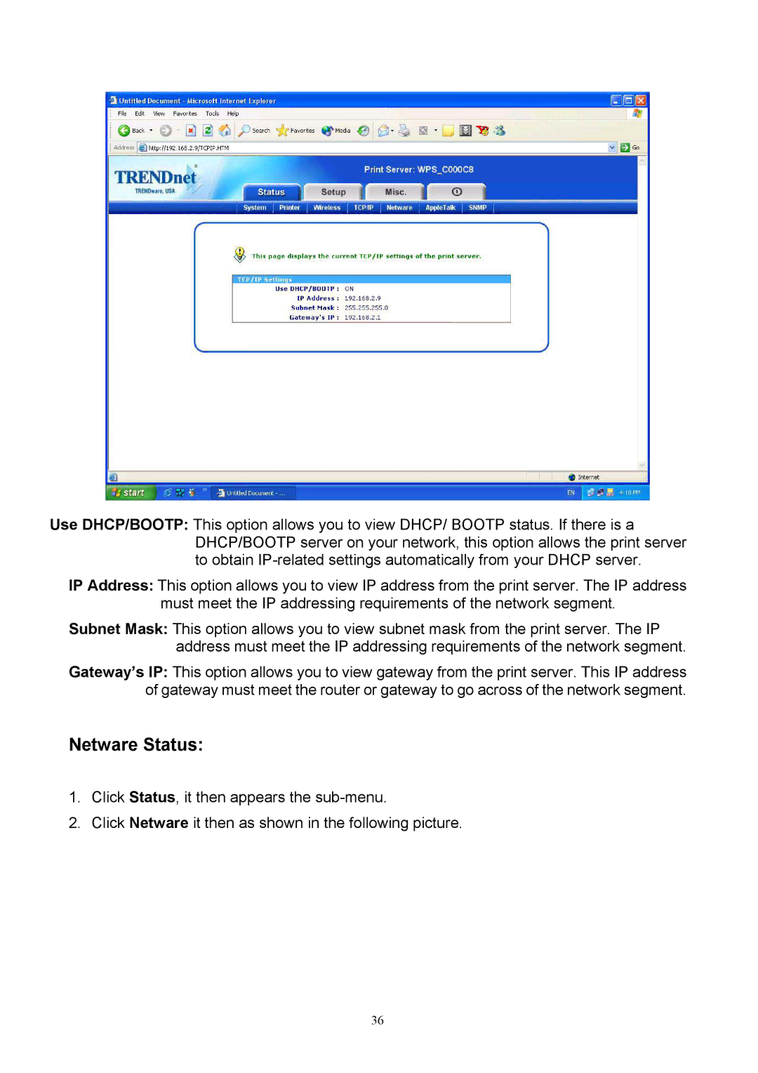 TRENDnet TEW-P1U, TEW-P1P manual Netware Status 