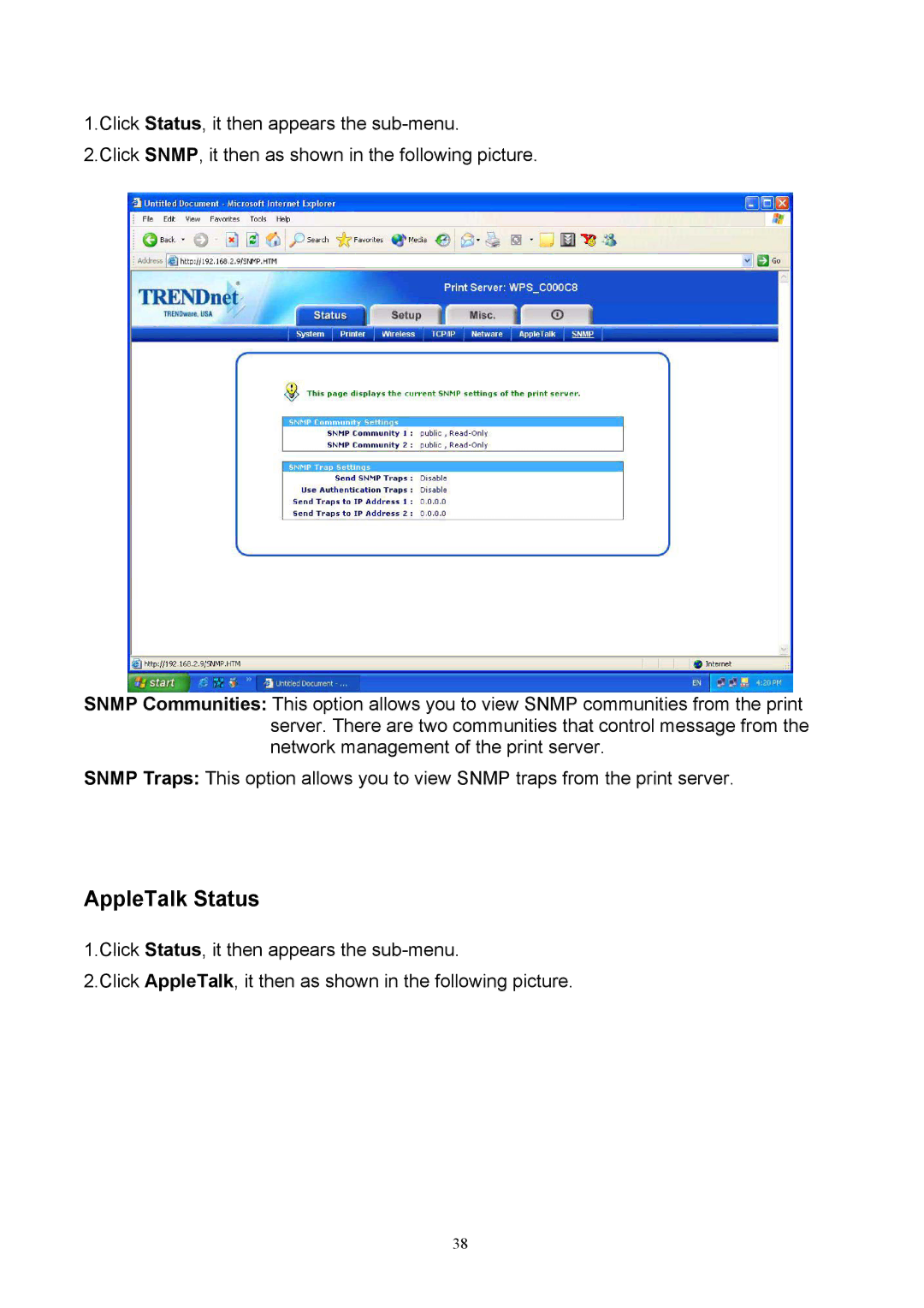 TRENDnet TEW-P1U, TEW-P1P manual AppleTalk Status 