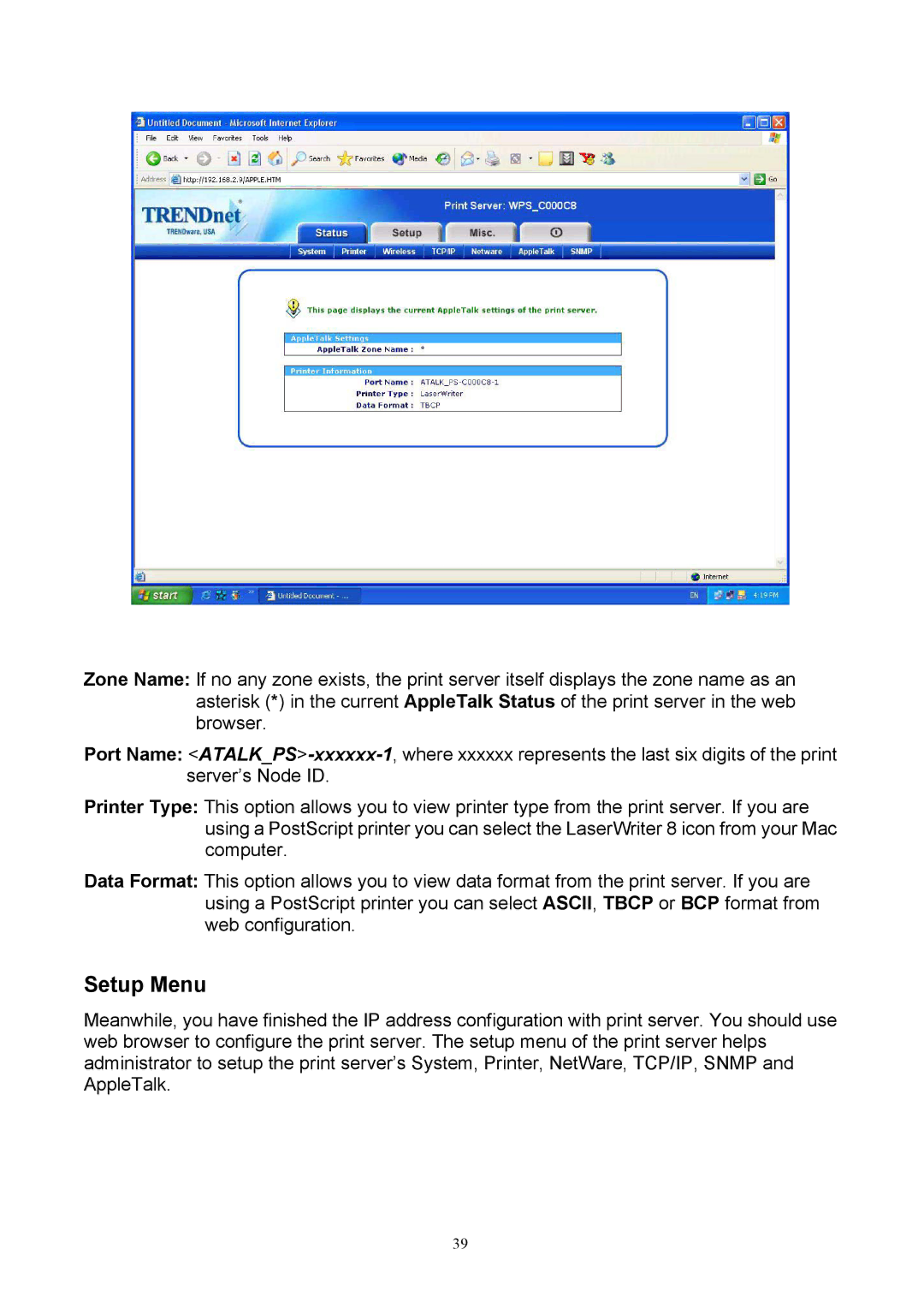 TRENDnet TEW-P1P, TEW-P1U manual Setup Menu 