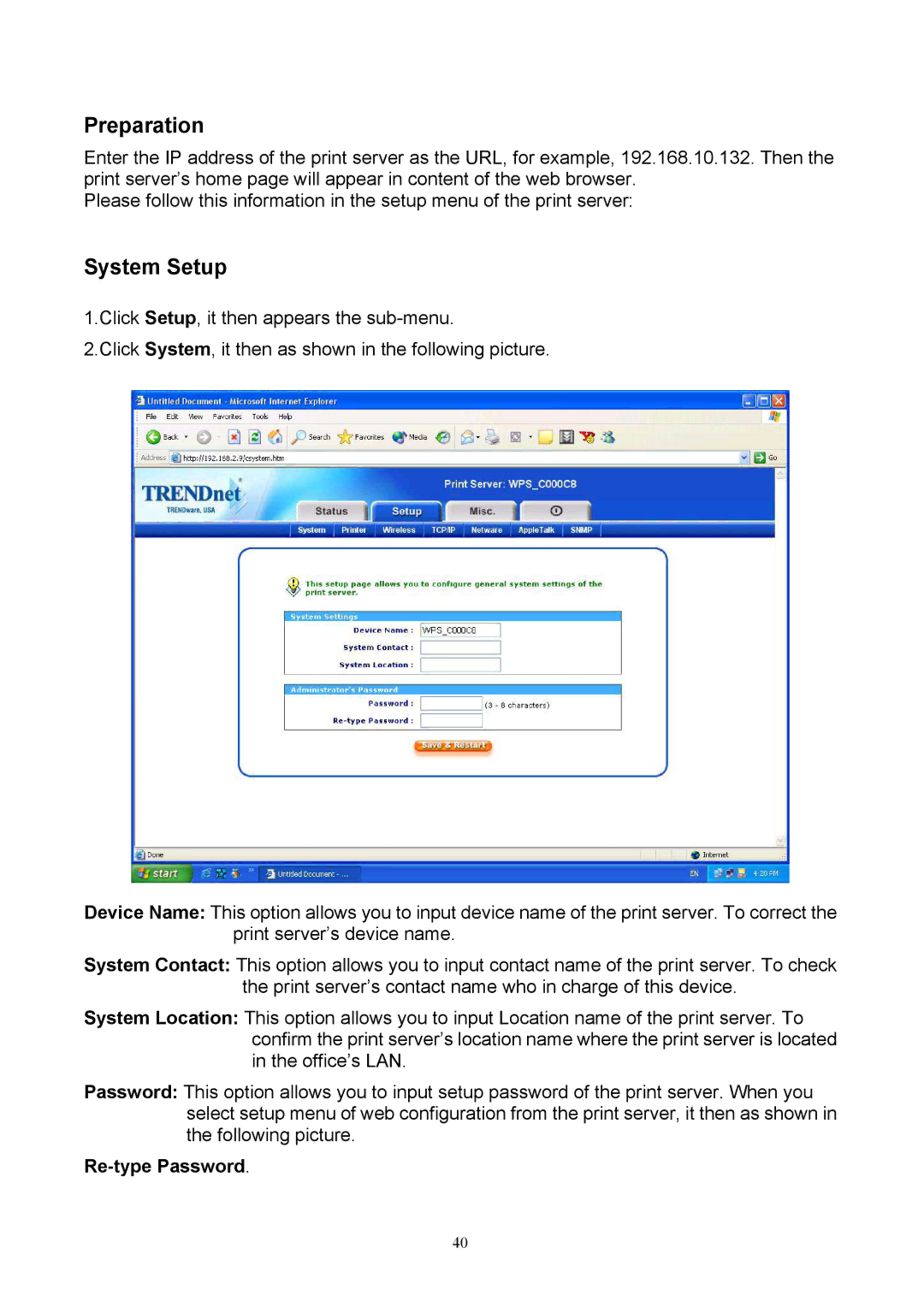 TRENDnet TEW-P1U, TEW-P1P manual System Setup, Re-type Password 