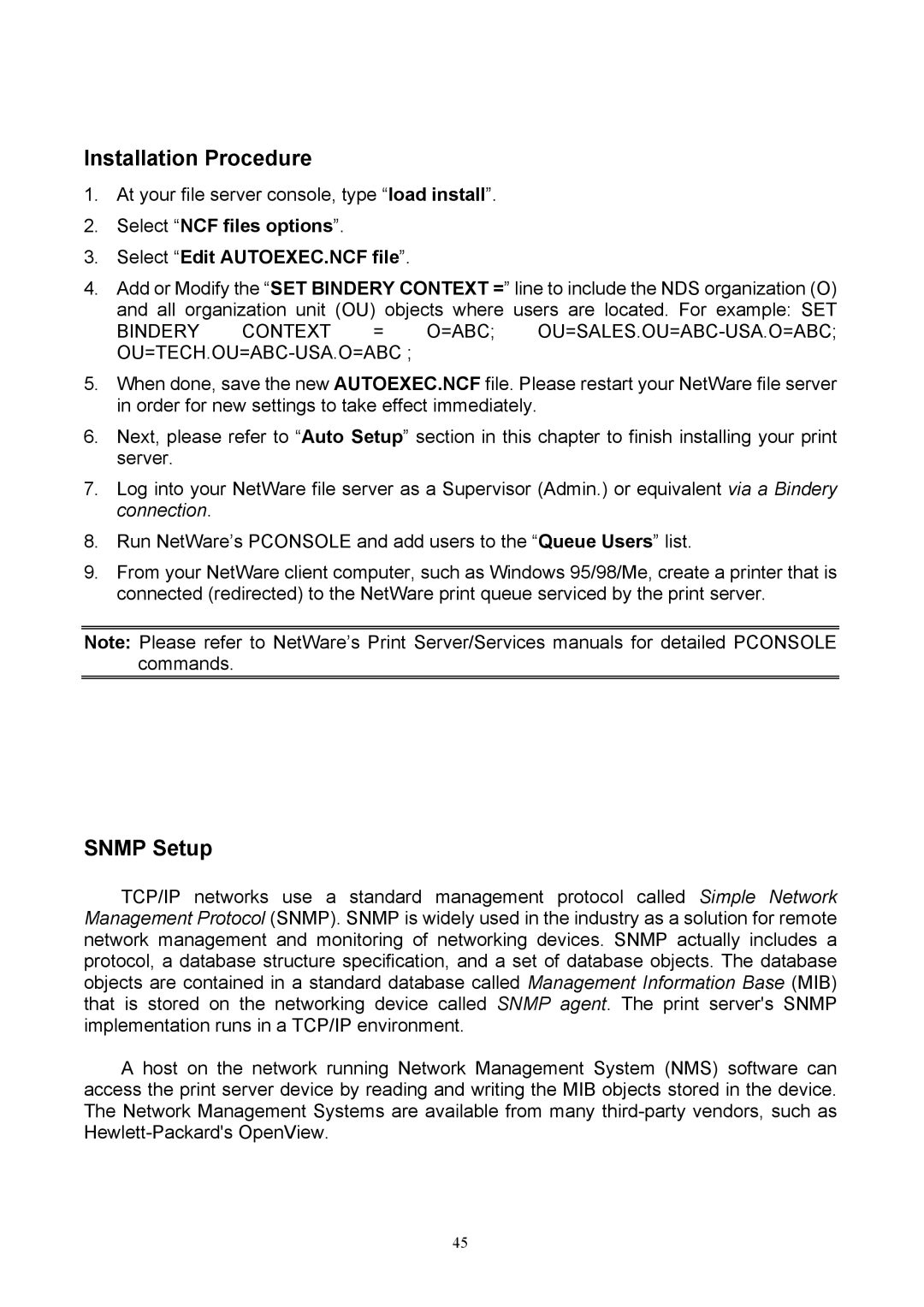 TRENDnet TEW-P1P, TEW-P1U manual Installation Procedure, Snmp Setup, Select NCF files options Select Edit AUTOEXEC.NCF file 