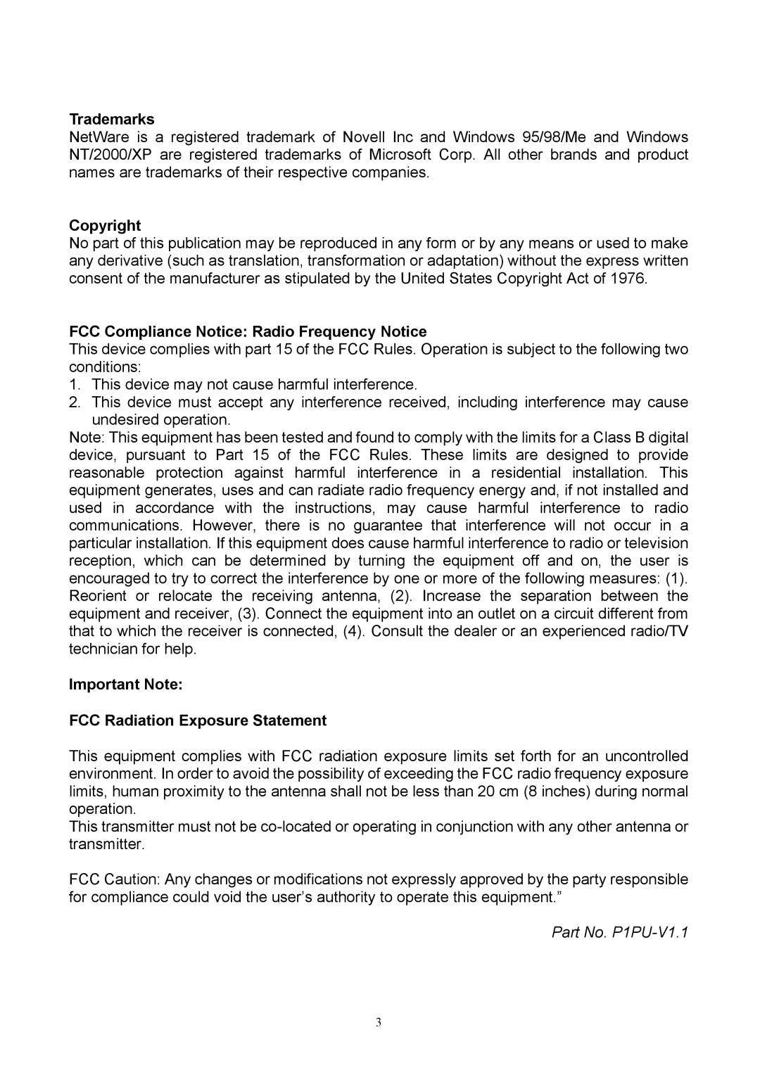 TRENDnet TEW-P1P, TEW-P1U manual Trademarks, Copyright, FCC Compliance Notice Radio Frequency Notice 