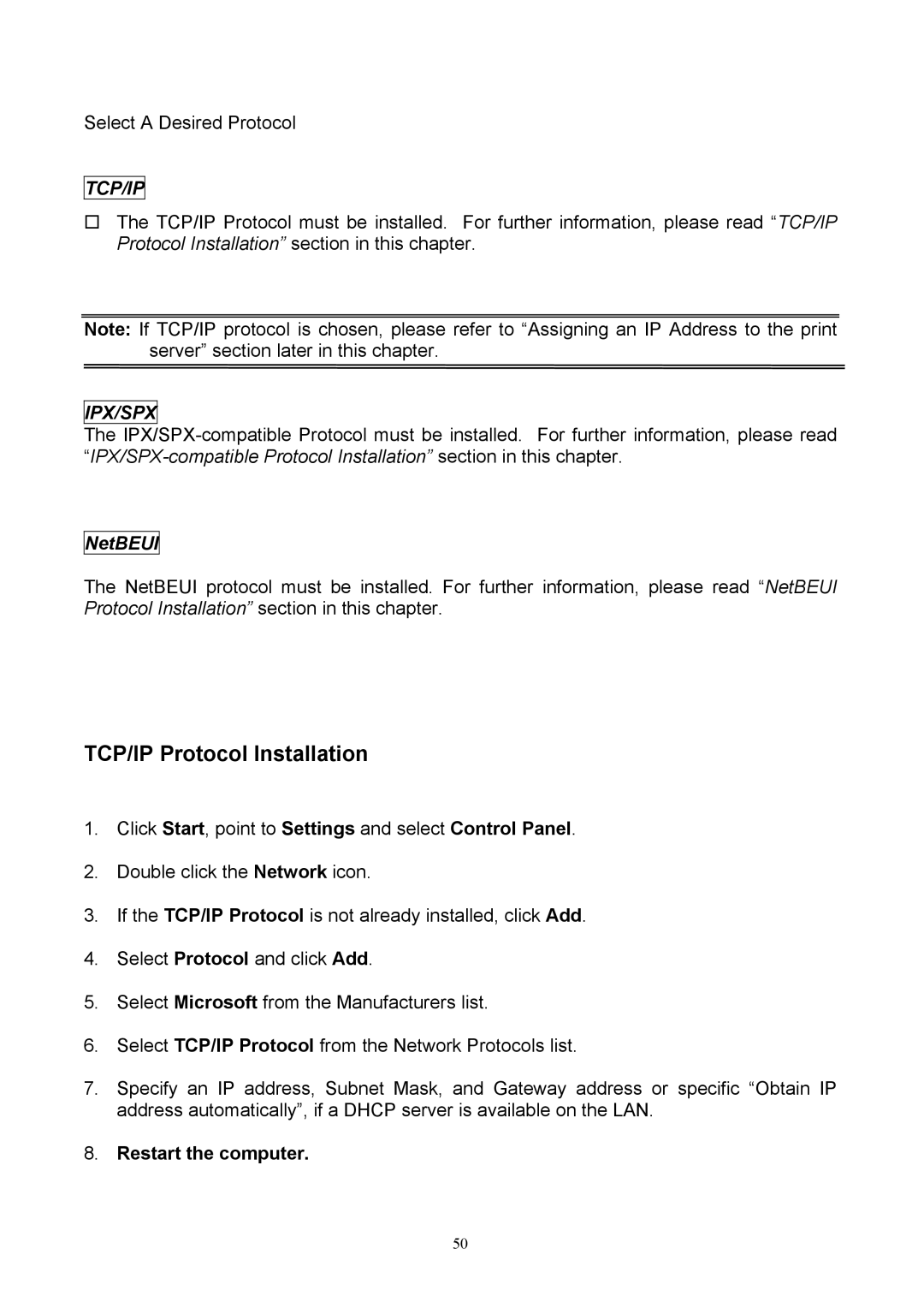 TRENDnet TEW-P1U, TEW-P1P manual TCP/IP Protocol Installation, Restart the computer 