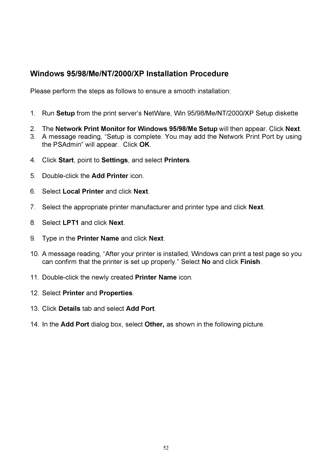 TRENDnet TEW-P1U, TEW-P1P manual Windows 95/98/Me/NT/2000/XP Installation Procedure, Select Printer and Properties 