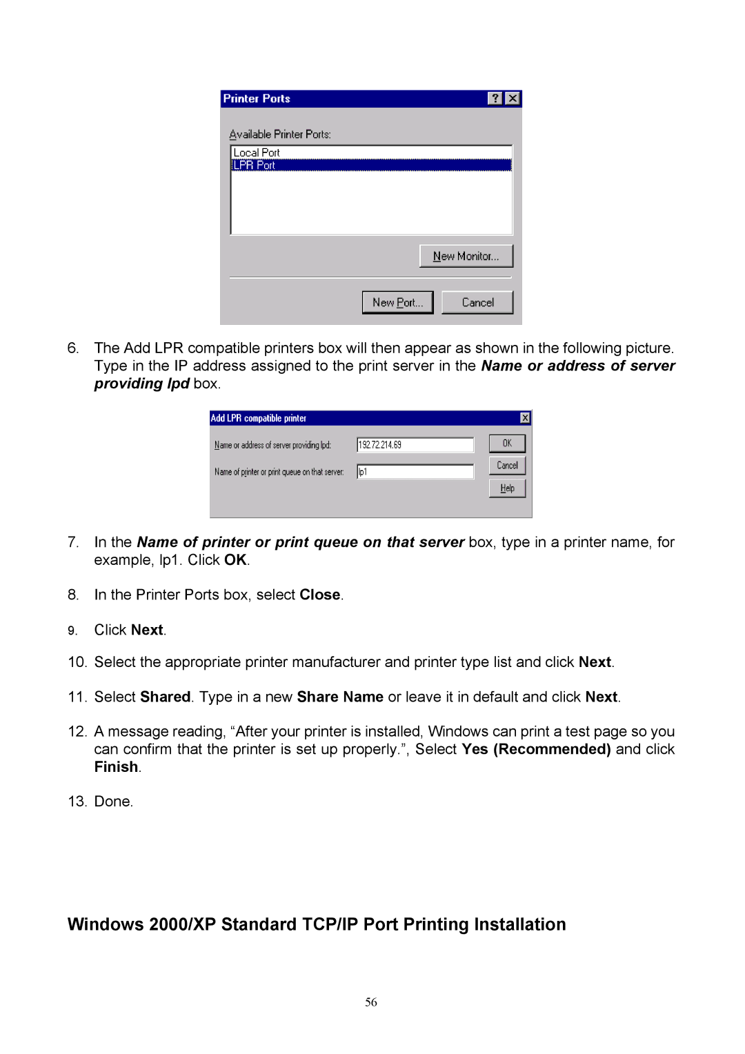 TRENDnet TEW-P1U, TEW-P1P manual Windows 2000/XP Standard TCP/IP Port Printing Installation 