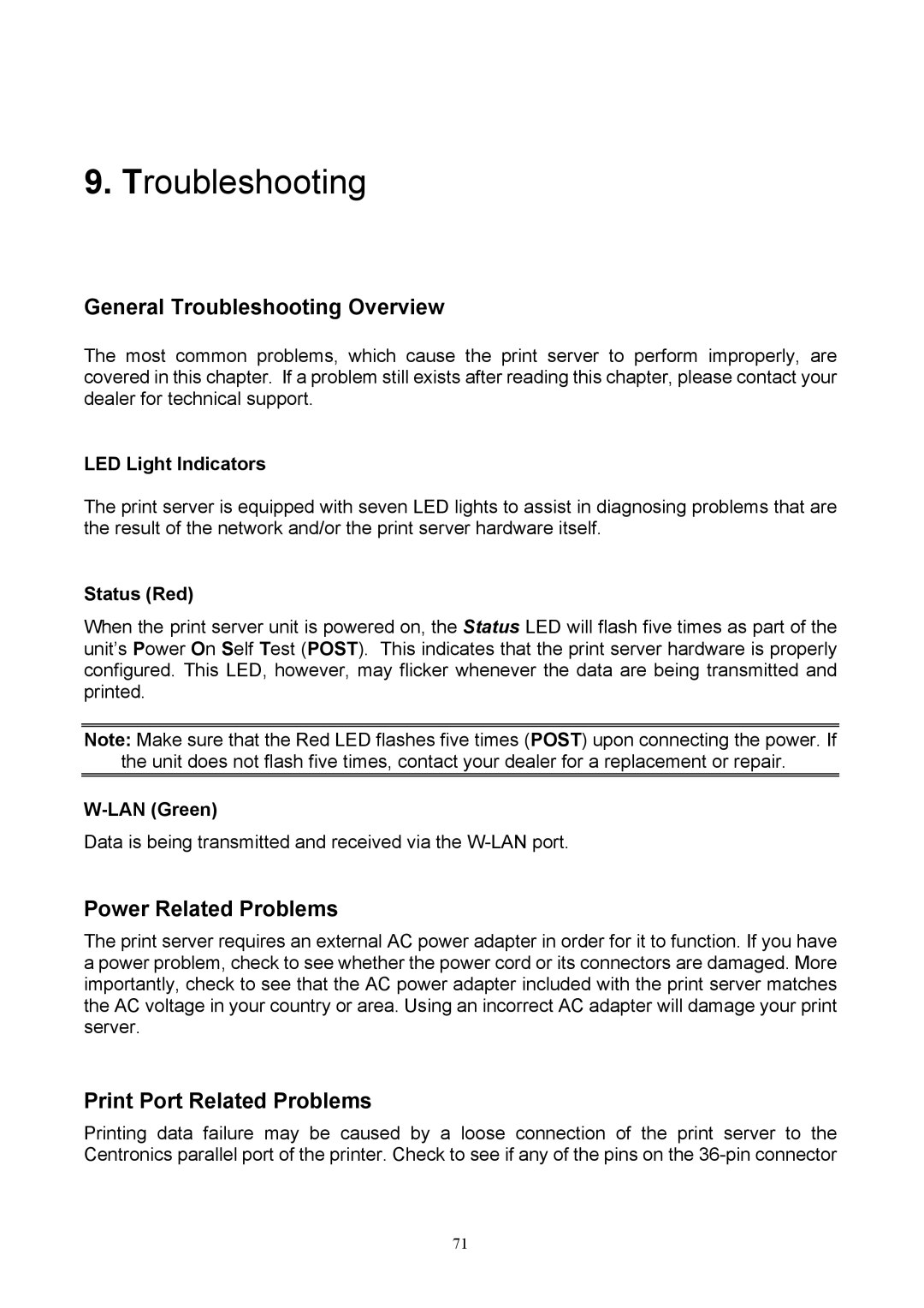 TRENDnet TEW-P1P, TEW-P1U manual General Troubleshooting Overview, Power Related Problems, Print Port Related Problems 