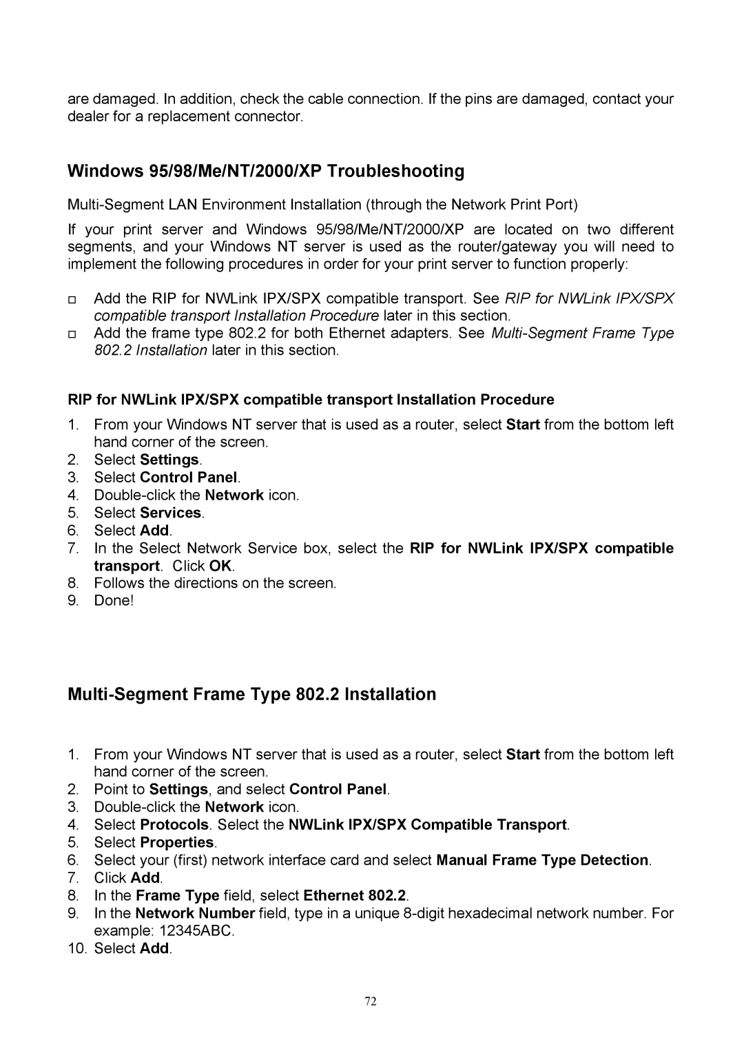 TRENDnet TEW-P1U, TEW-P1P manual Windows 95/98/Me/NT/2000/XP Troubleshooting, Multi-Segment Frame Type 802.2 Installation 