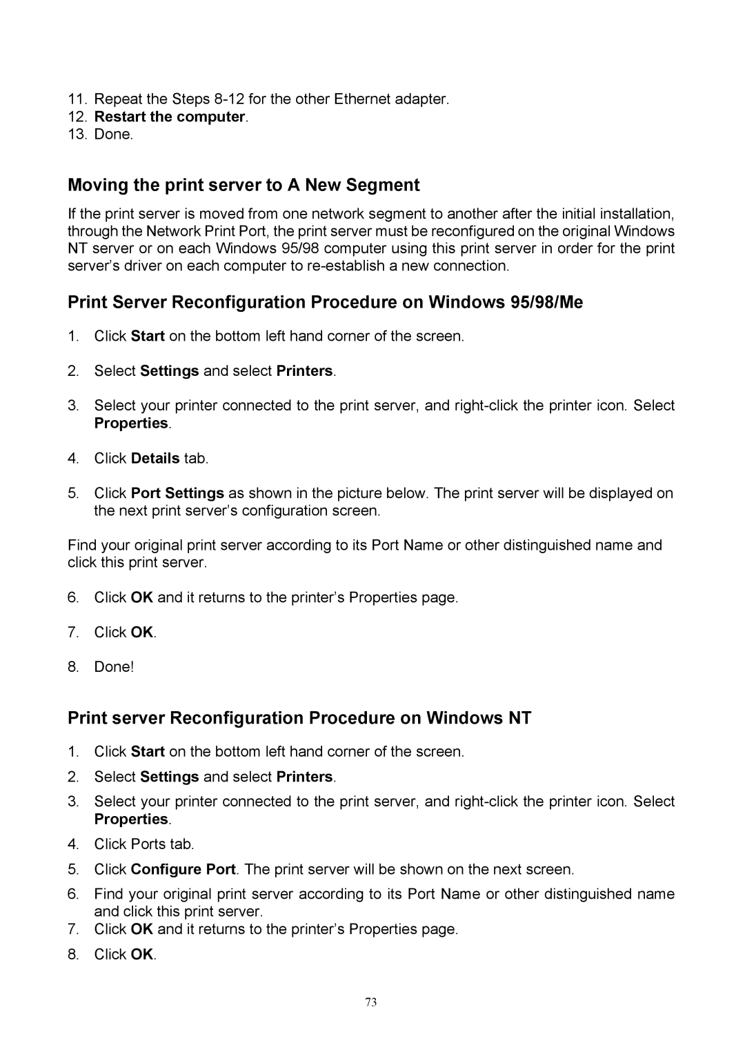 TRENDnet TEW-P1P Moving the print server to a New Segment, Print Server Reconfiguration Procedure on Windows 95/98/Me 