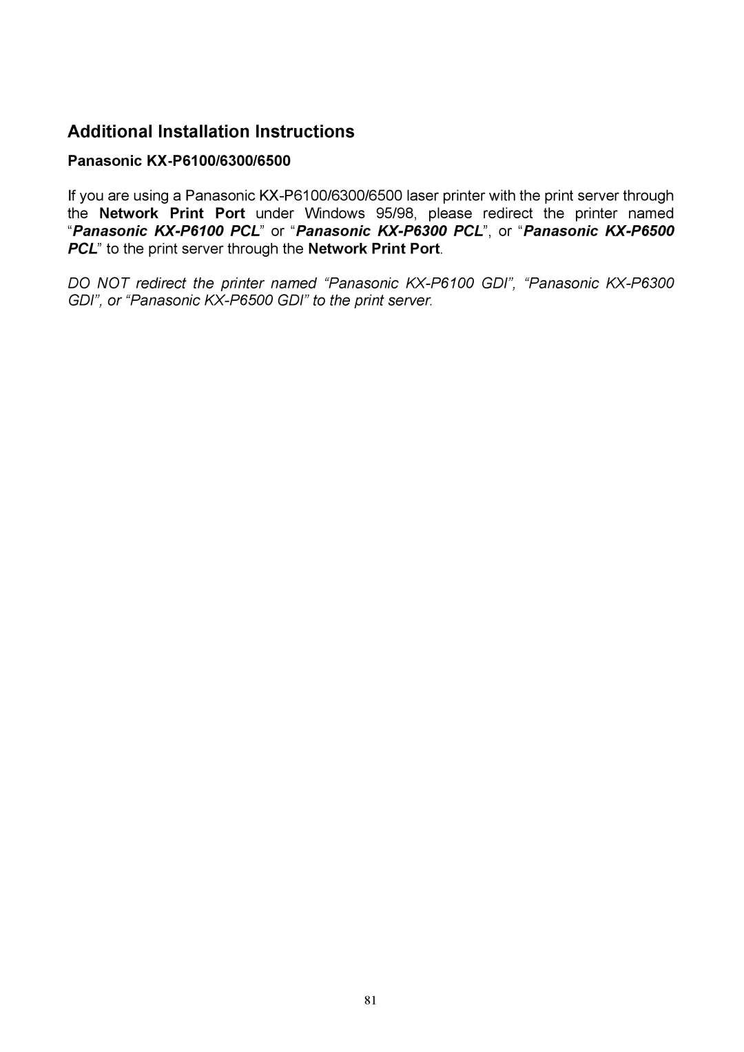 TRENDnet TEW-P1P, TEW-P1U manual Additional Installation Instructions, Panasonic KX-P6100/6300/6500 