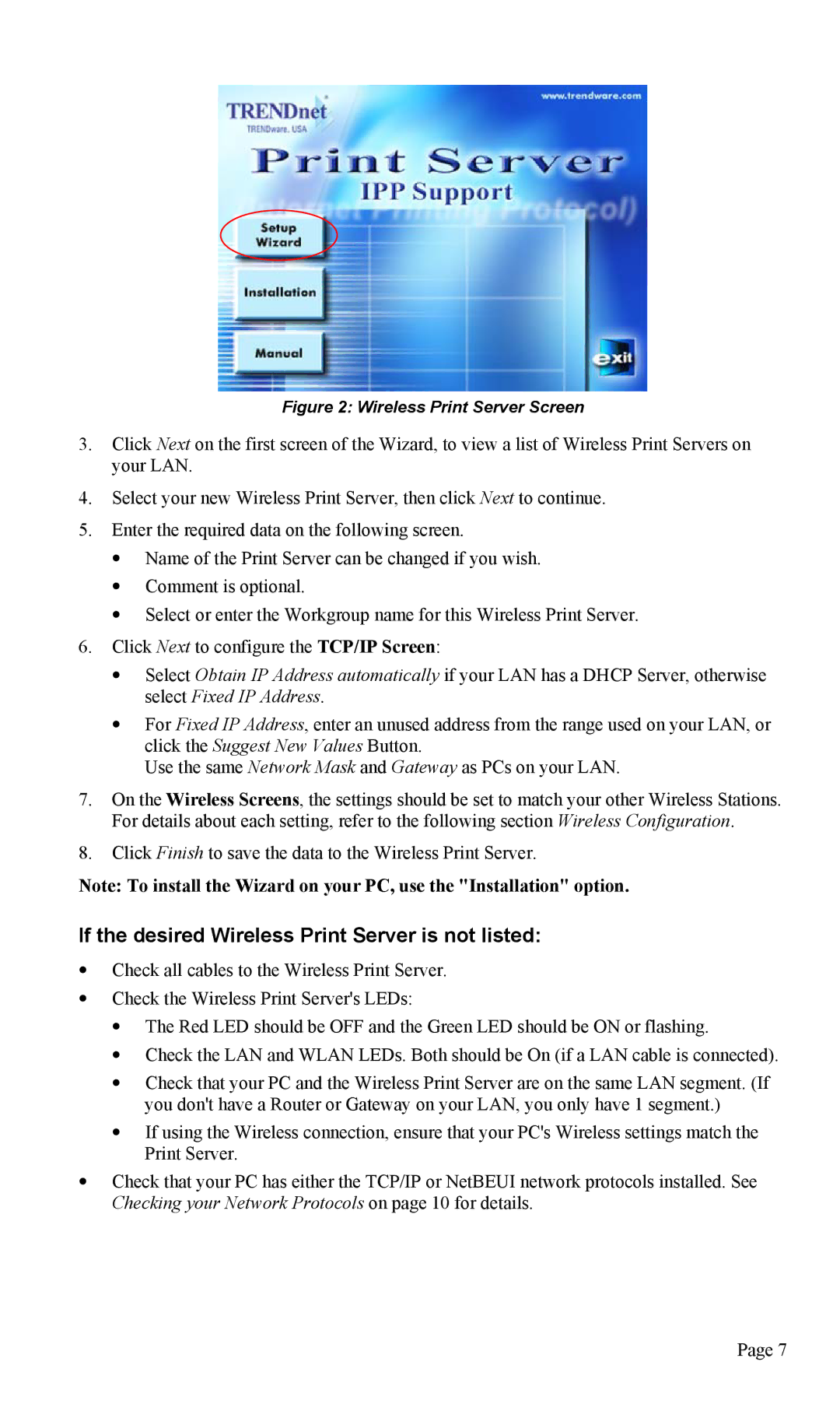 TRENDnet TEW-P1U1P manual If the desired Wireless Print Server is not listed, Wireless Print Server Screen 