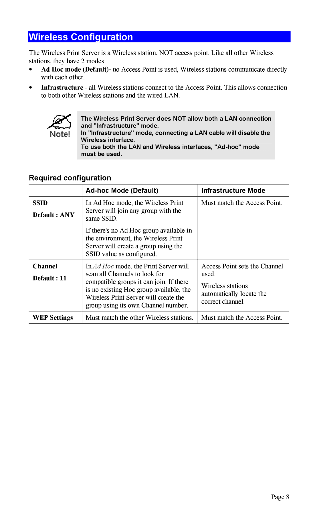 TRENDnet TEW-P1U1P manual Wireless Configuration, Required configuration, Ad-hoc Mode Default Infrastructure Mode 