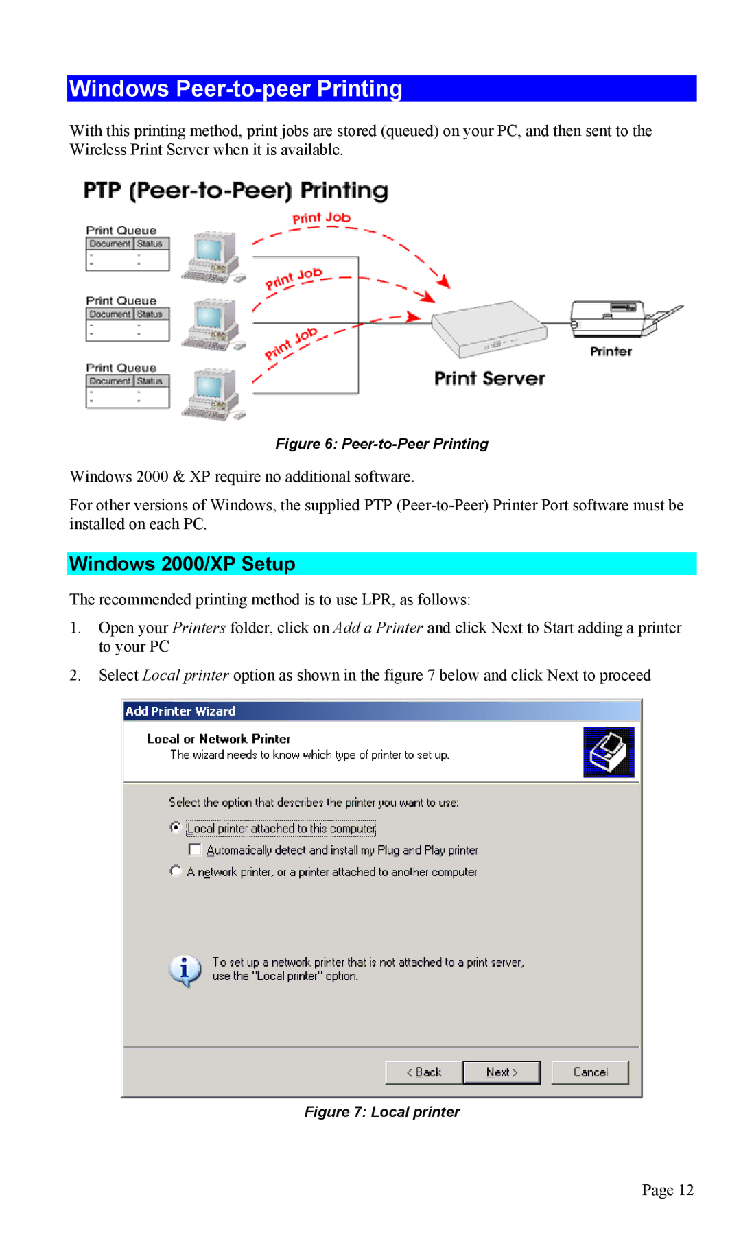 TRENDnet TEW-P1U1P manual Windows Peer-to-peer Printing, Windows 2000/XP Setup 