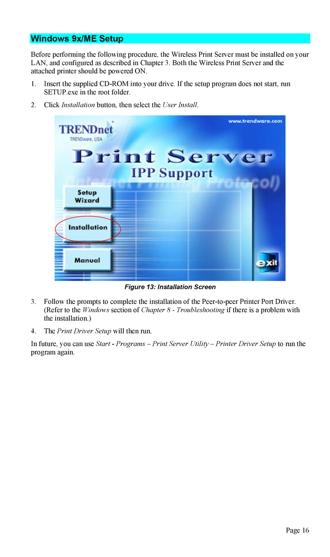 TRENDnet TEW-P1U1P manual Windows 9x/ME Setup, Installation Screen 