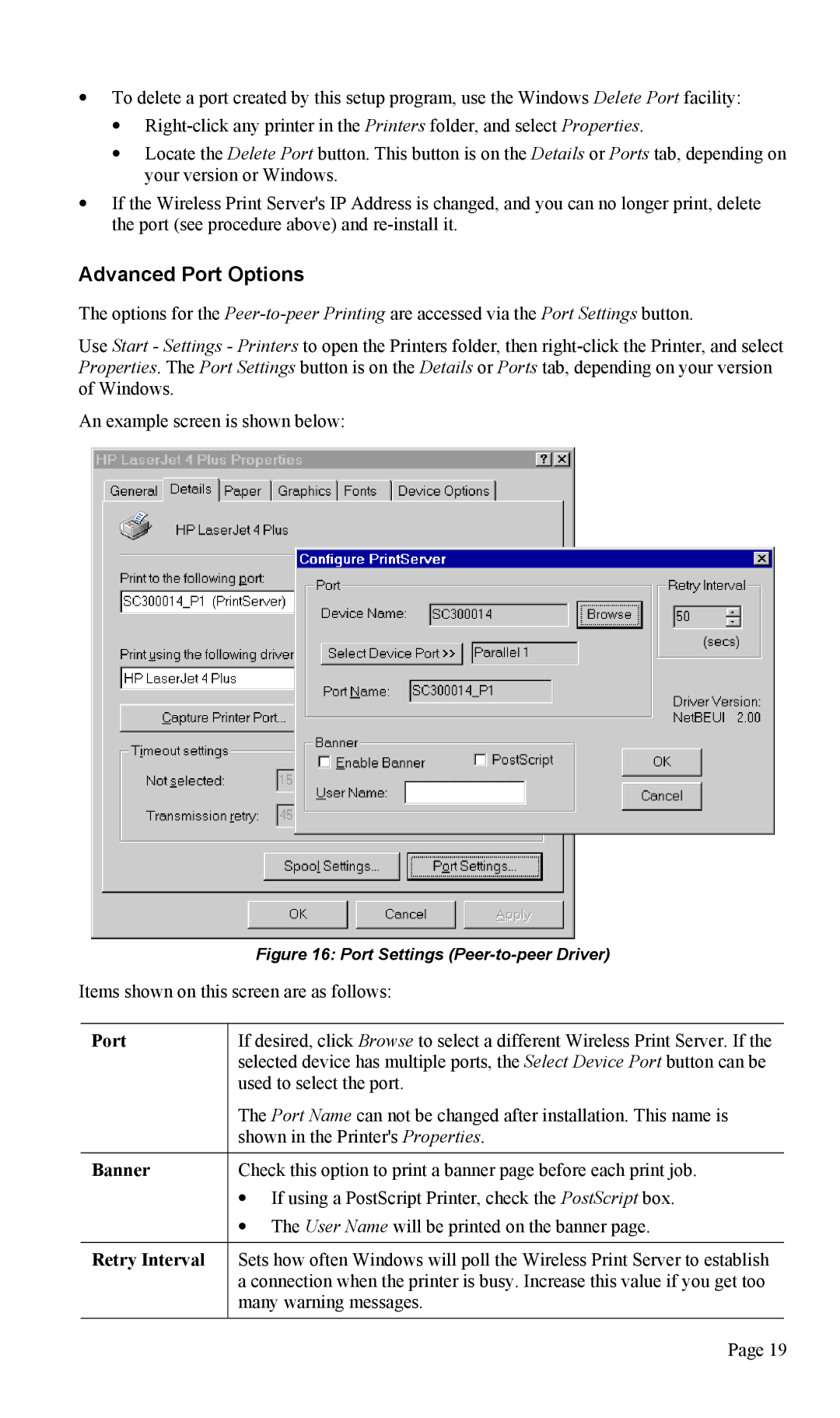 TRENDnet TEW-P1U1P manual Advanced Port Options, Banner, Retry Interval 