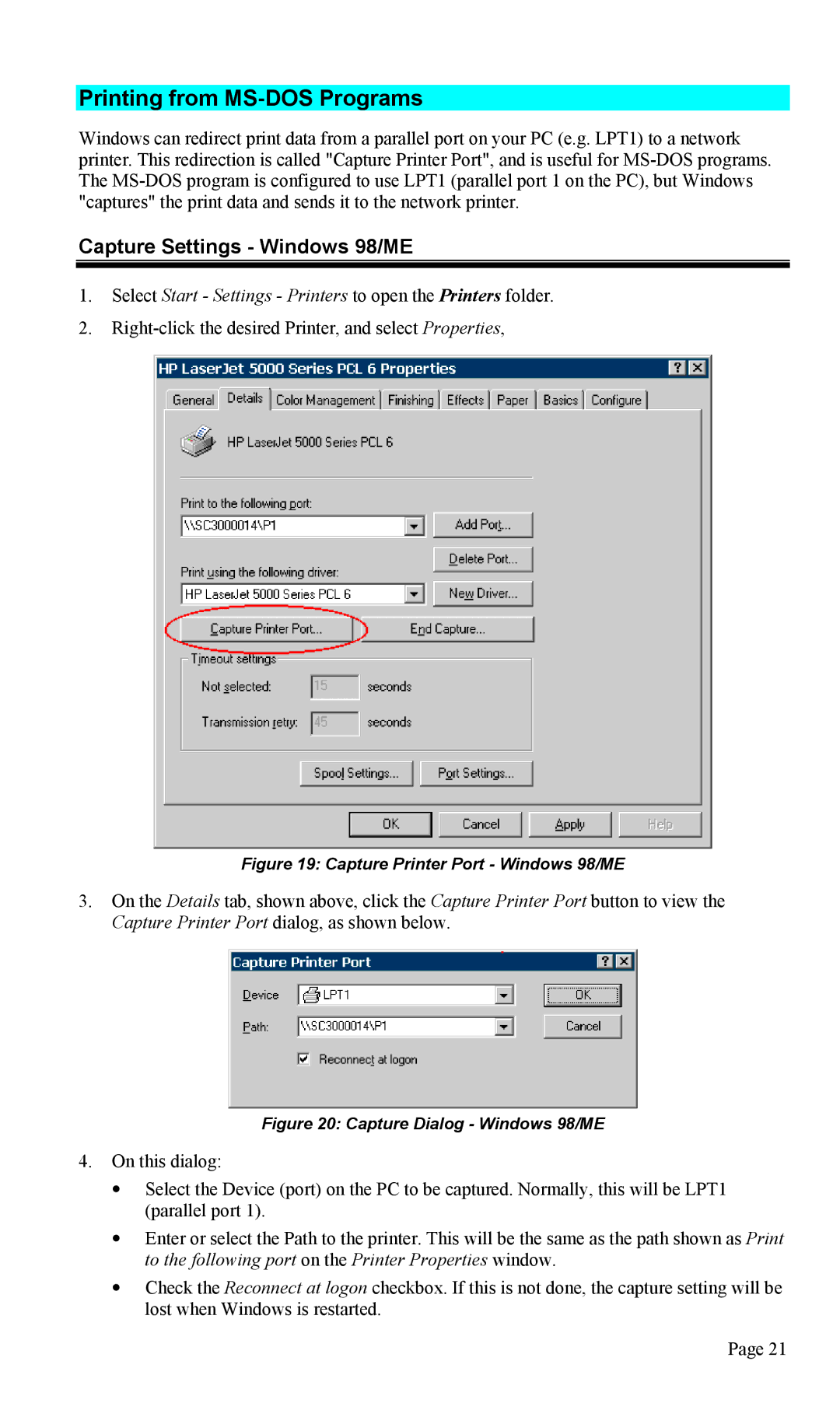 TRENDnet TEW-P1U1P manual Printing from MS-DOS Programs, Capture Settings Windows 98/ME 