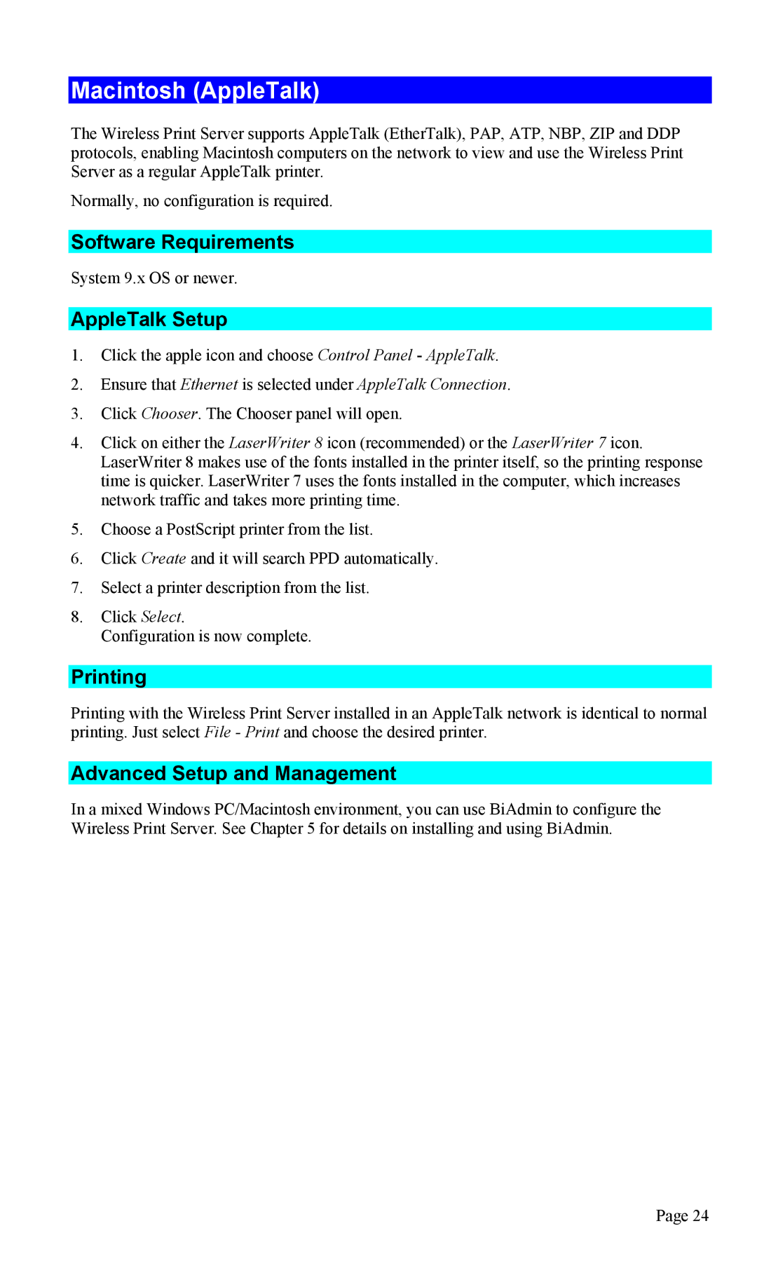 TRENDnet TEW-P1U1P Macintosh AppleTalk, Software Requirements, AppleTalk Setup, Printing, Advanced Setup and Management 