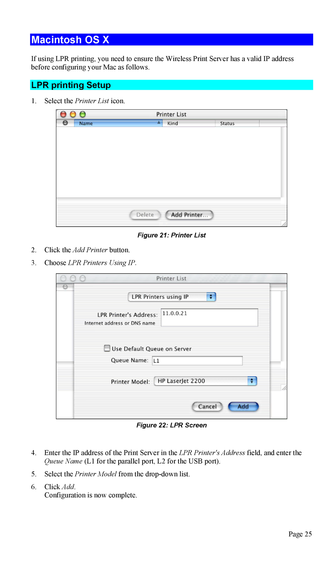 TRENDnet TEW-P1U1P manual Macintosh OS, LPR printing Setup, Choose LPR Printers Using IP 