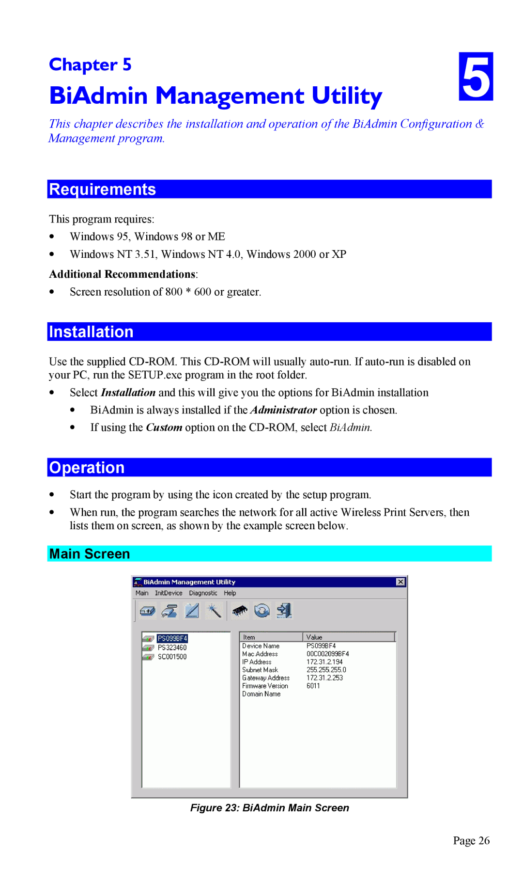 TRENDnet TEW-P1U1P manual BiAdmin Management Utility, Requirements, Installation, Operation, Main Screen 