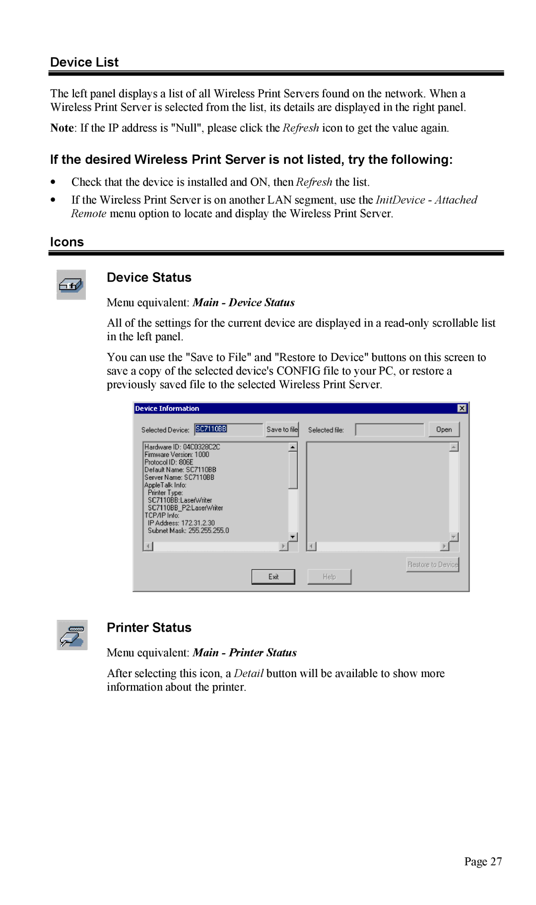 TRENDnet TEW-P1U1P manual Device List, Icons Device Status, Printer Status 