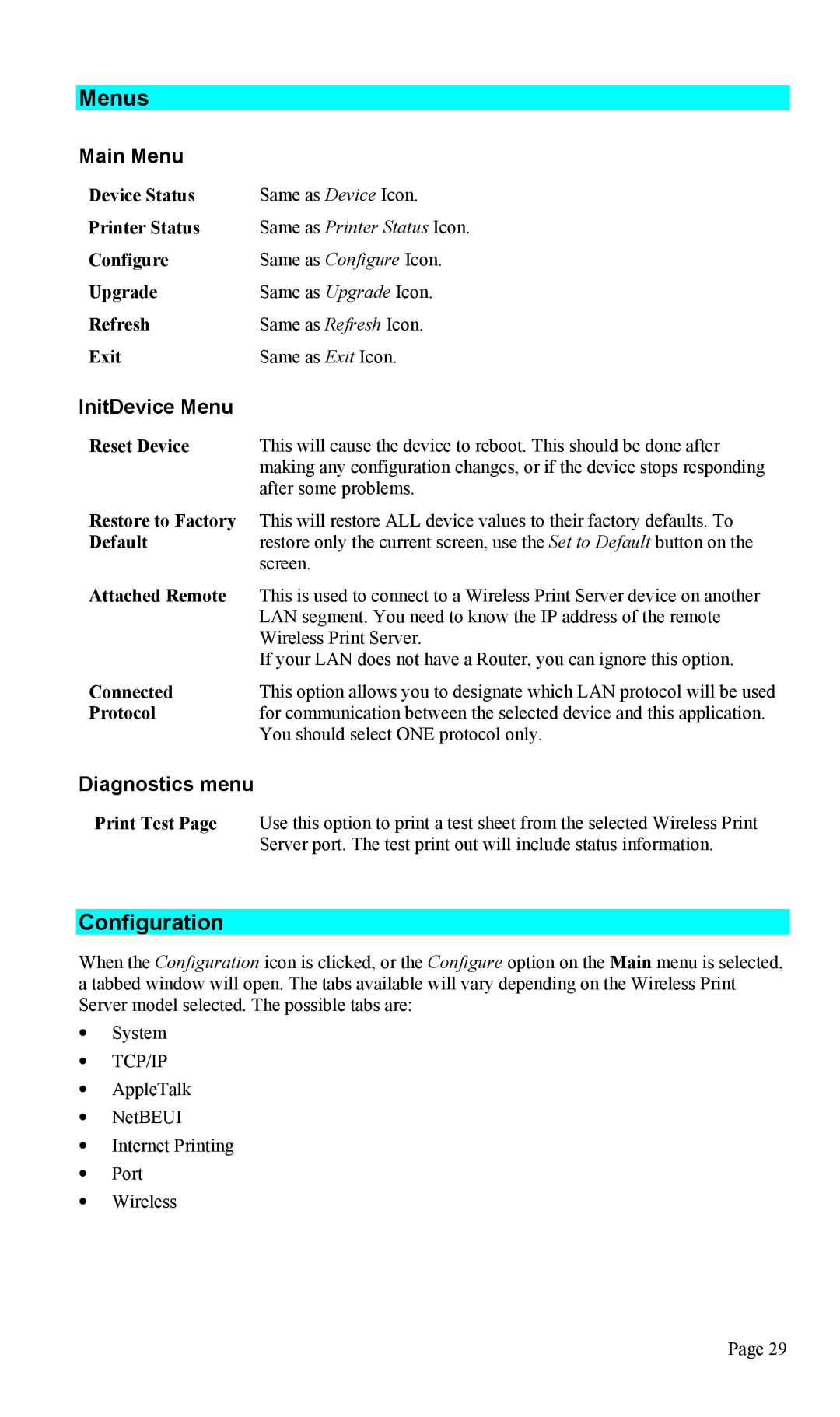 TRENDnet TEW-P1U1P manual Menus, Configuration, Main Menu, InitDevice Menu, Diagnostics menu 