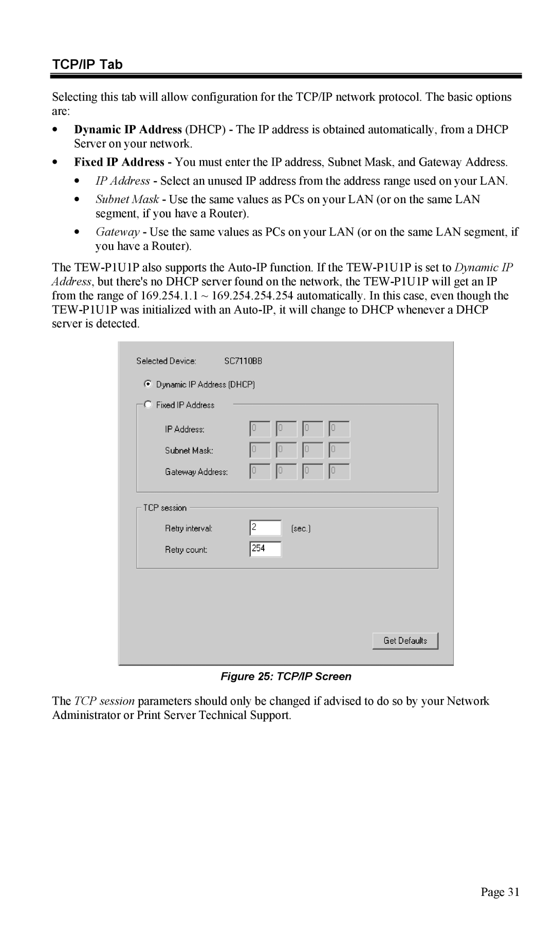 TRENDnet TEW-P1U1P manual TCP/IP Tab, TCP/IP Screen 