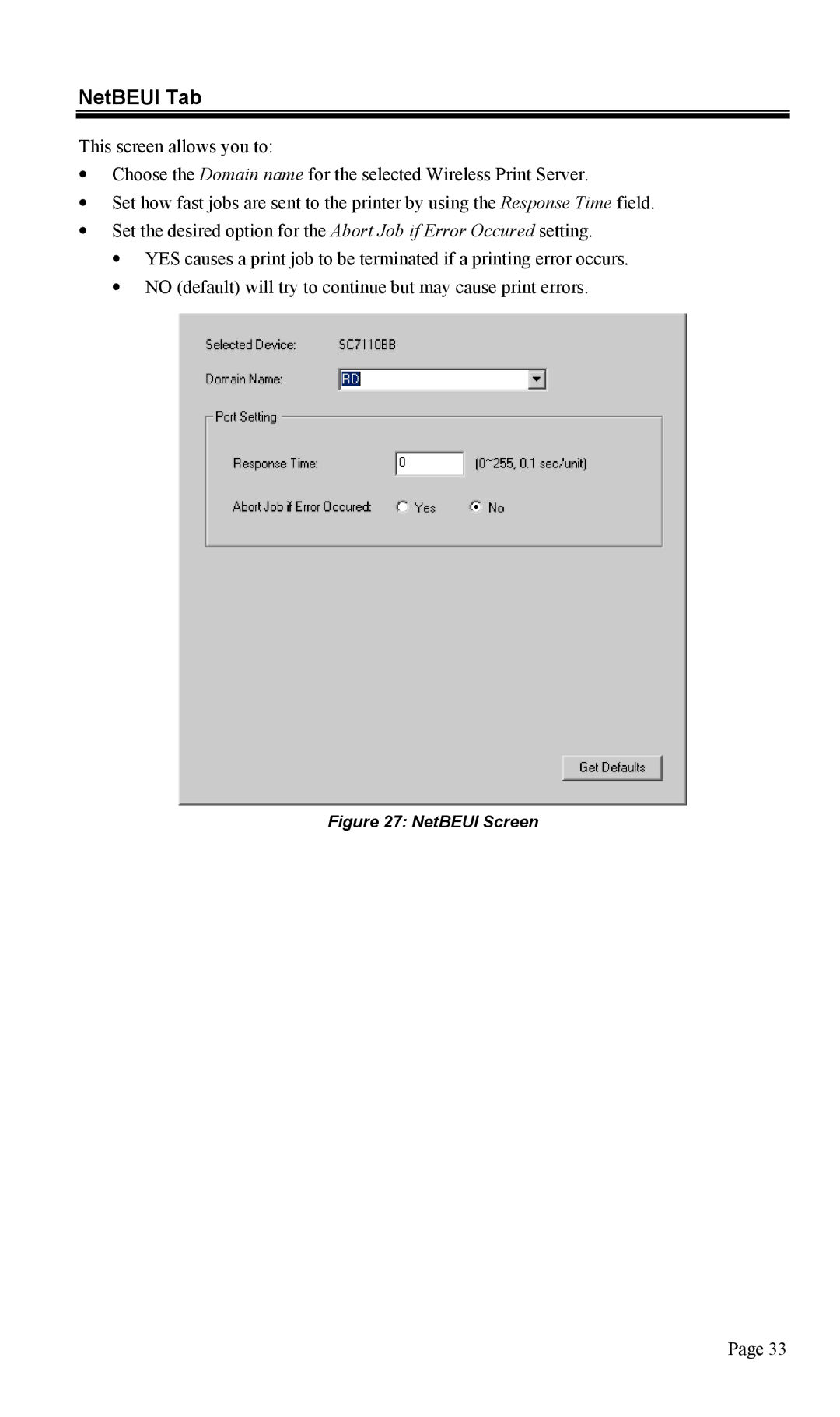 TRENDnet TEW-P1U1P manual NetBEUI Tab, NetBEUI Screen 