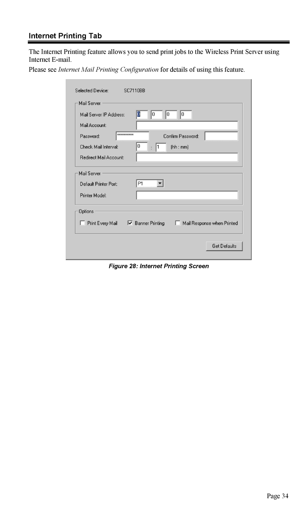 TRENDnet TEW-P1U1P manual Internet Printing Tab, Internet Printing Screen 