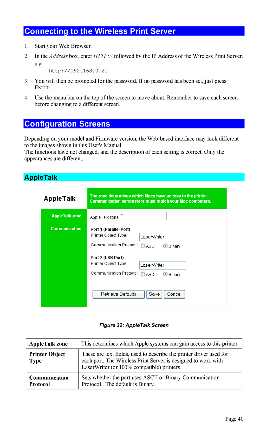 TRENDnet TEW-P1U1P manual Connecting to the Wireless Print Server, Configuration Screens, AppleTalk 