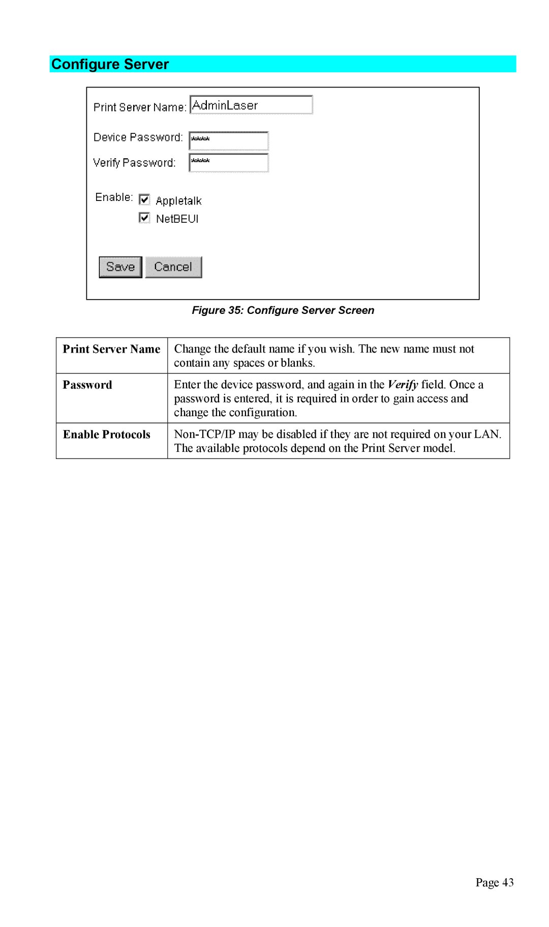 TRENDnet TEW-P1U1P manual Configure Server, Print Server Name, Password, Enable Protocols 