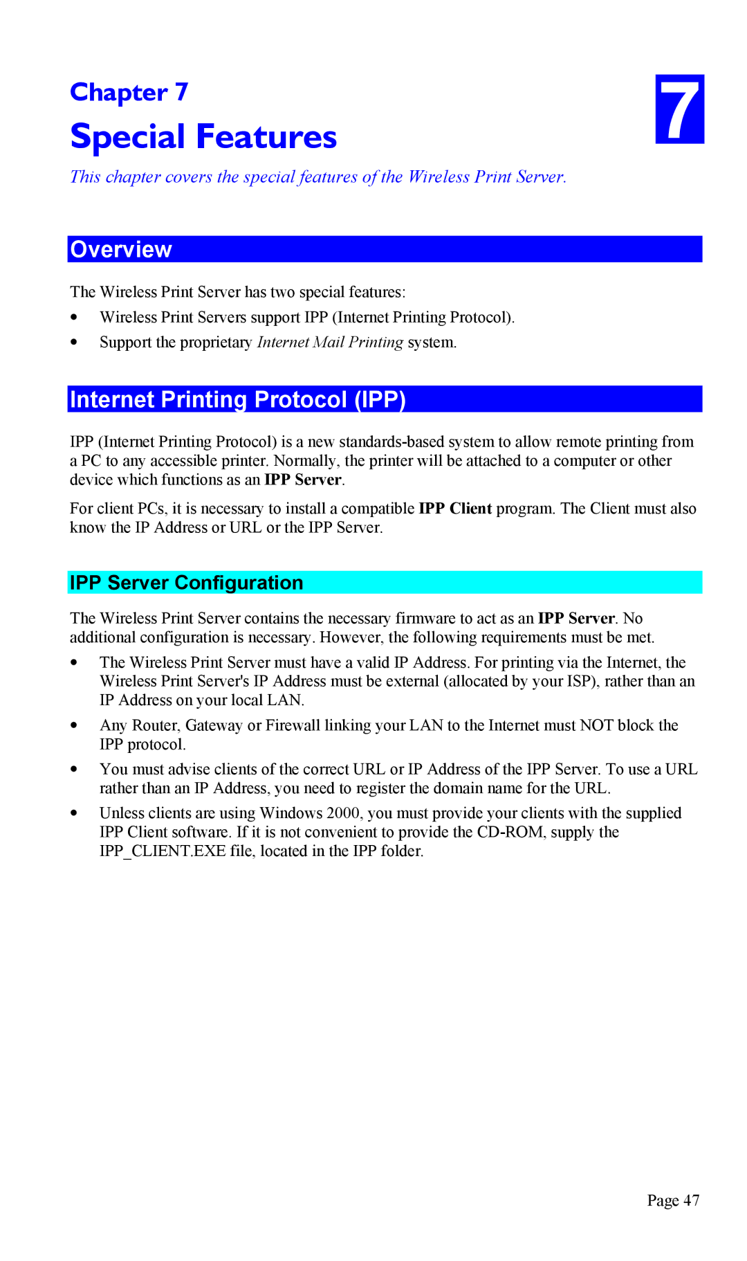 TRENDnet TEW-P1U1P manual Special Features, Internet Printing Protocol IPP, IPP Server Configuration 