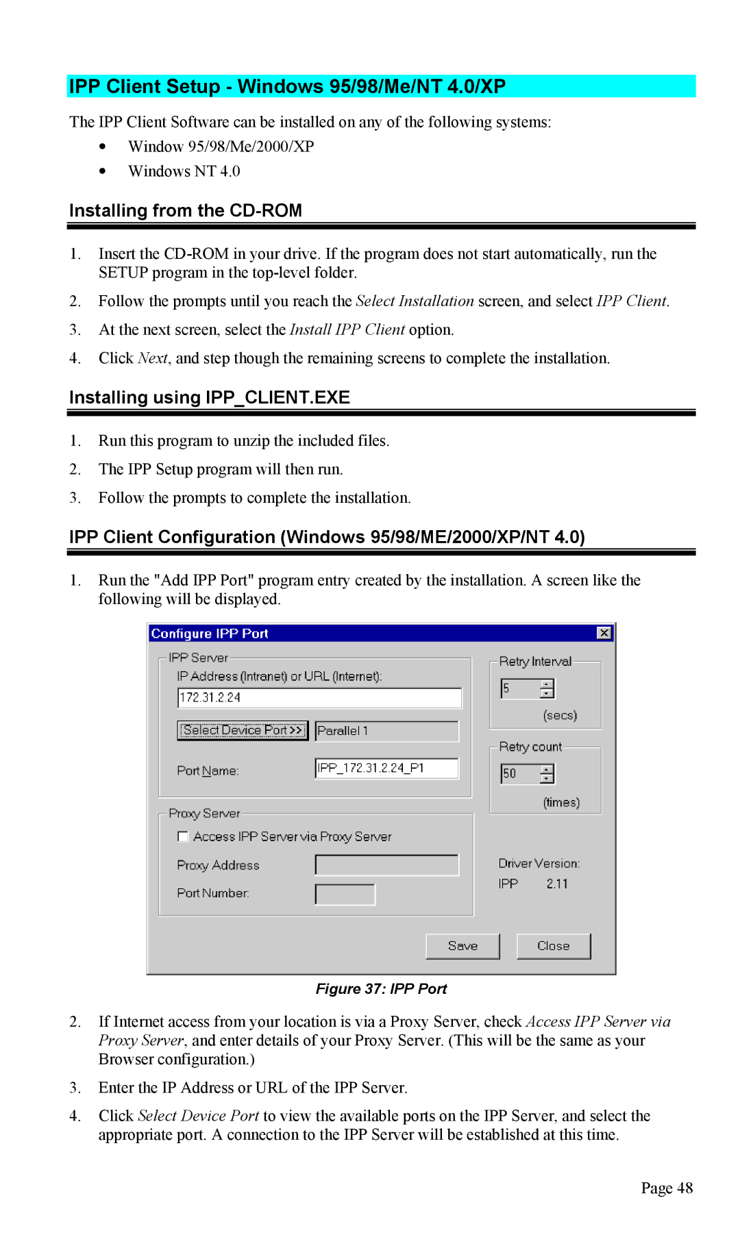 TRENDnet TEW-P1U1P IPP Client Setup Windows 95/98/Me/NT 4.0/XP, Installing from the CD-ROM, Installing using IPPCLIENT.EXE 