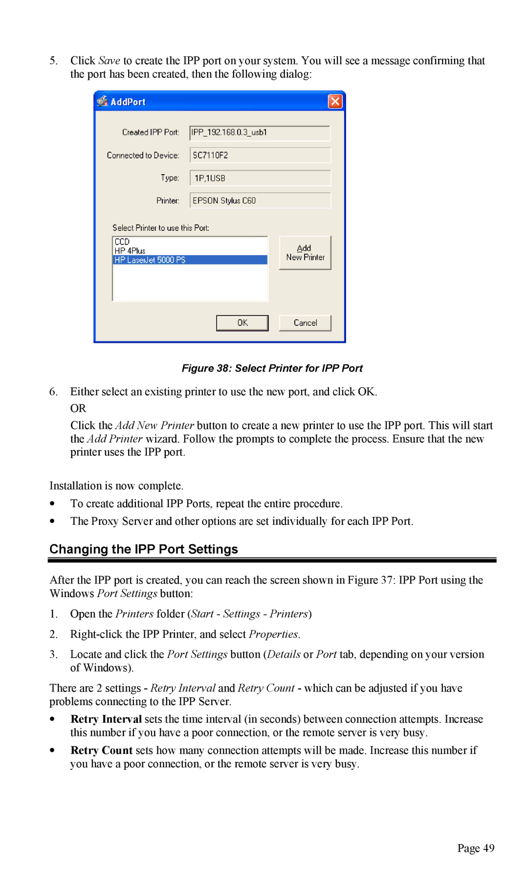 TRENDnet TEW-P1U1P manual Changing the IPP Port Settings, Open the Printers folder Start Settings Printers 