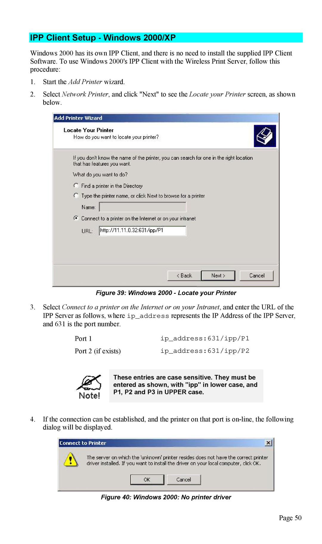 TRENDnet TEW-P1U1P manual IPP Client Setup Windows 2000/XP, Port 2 if exists 