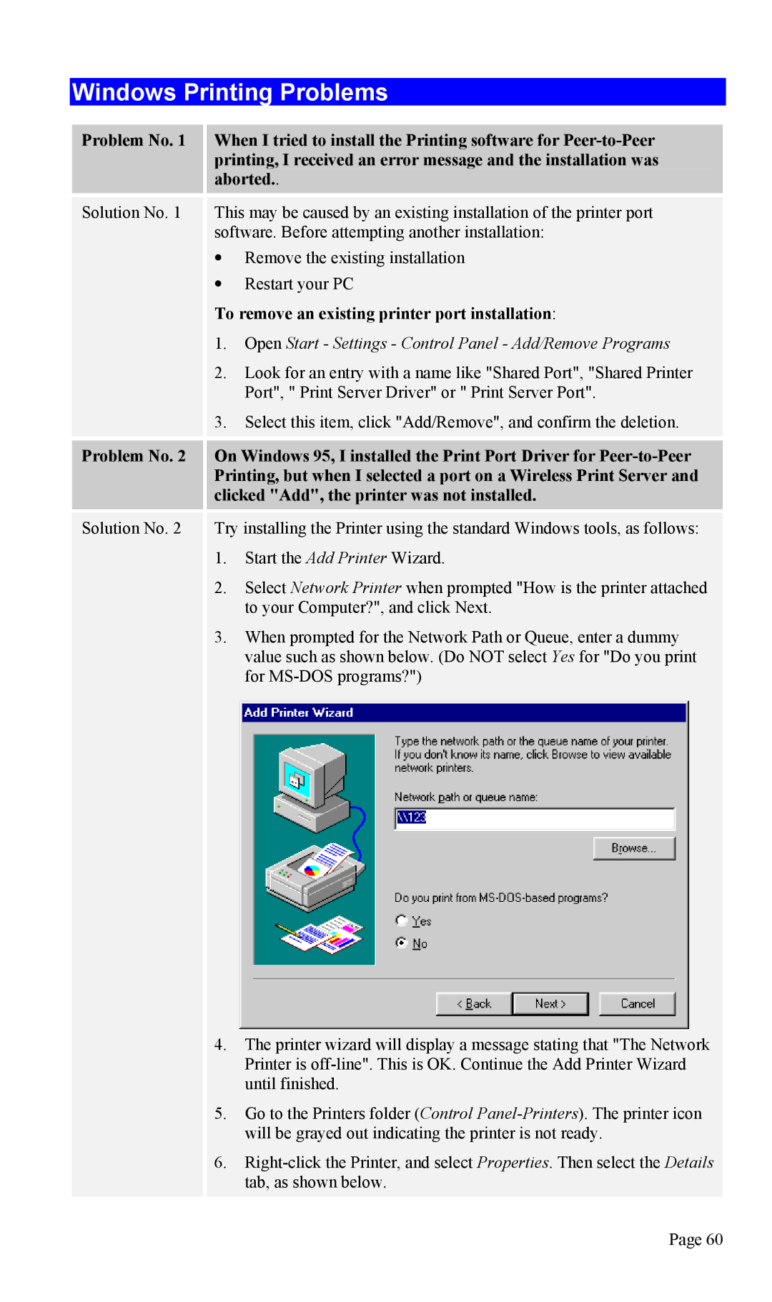 TRENDnet TEW-P1U1P manual Windows Printing Problems, To remove an existing printer port installation 