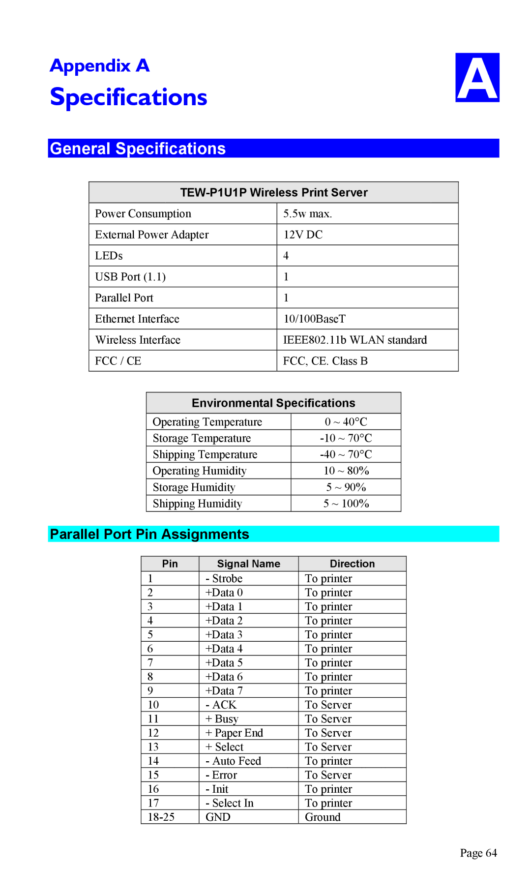 TRENDnet manual General Specifications, Parallel Port Pin Assignments, TEW-P1U1P Wireless Print Server 