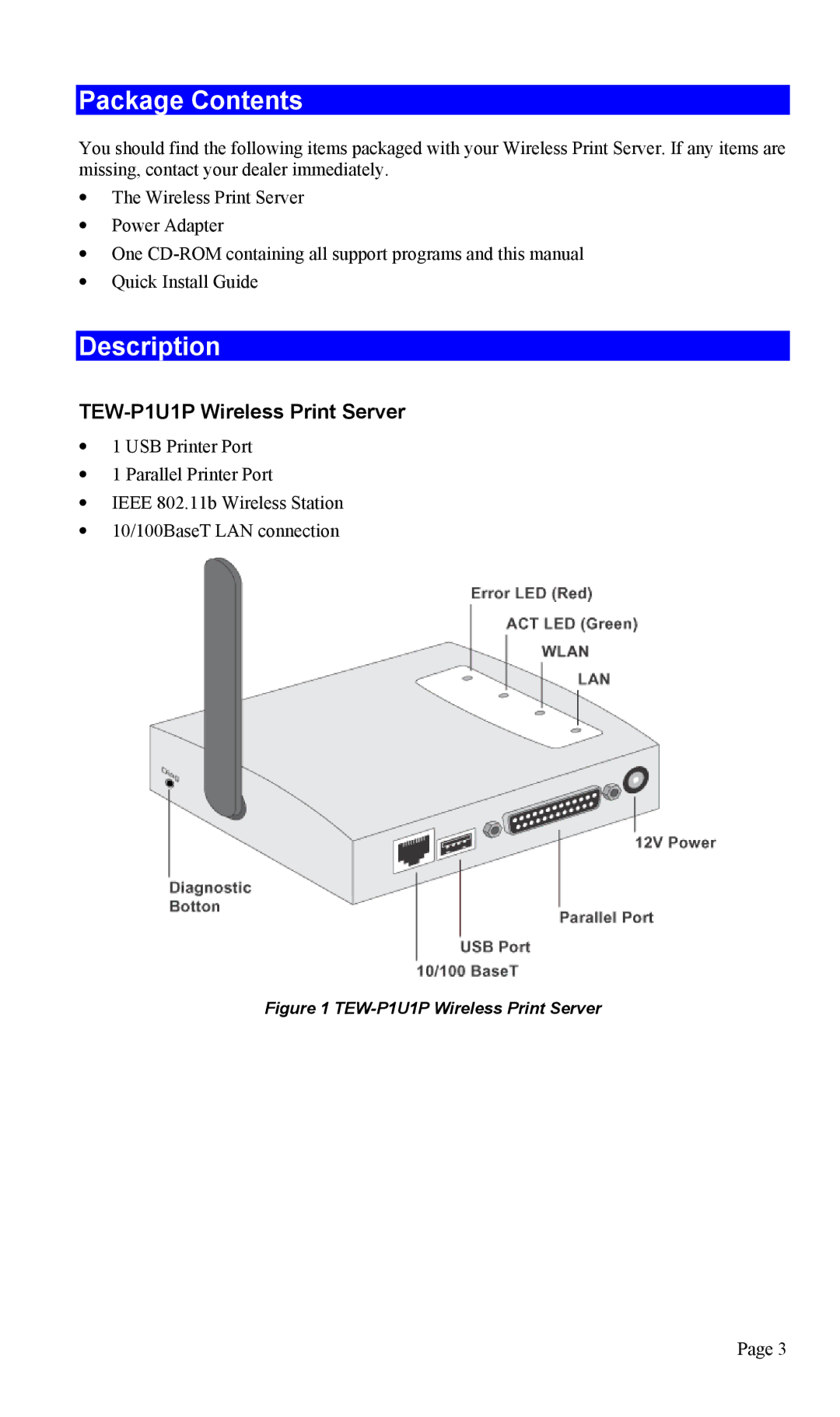 TRENDnet TEW-P1U1P manual Package Contents, Description 