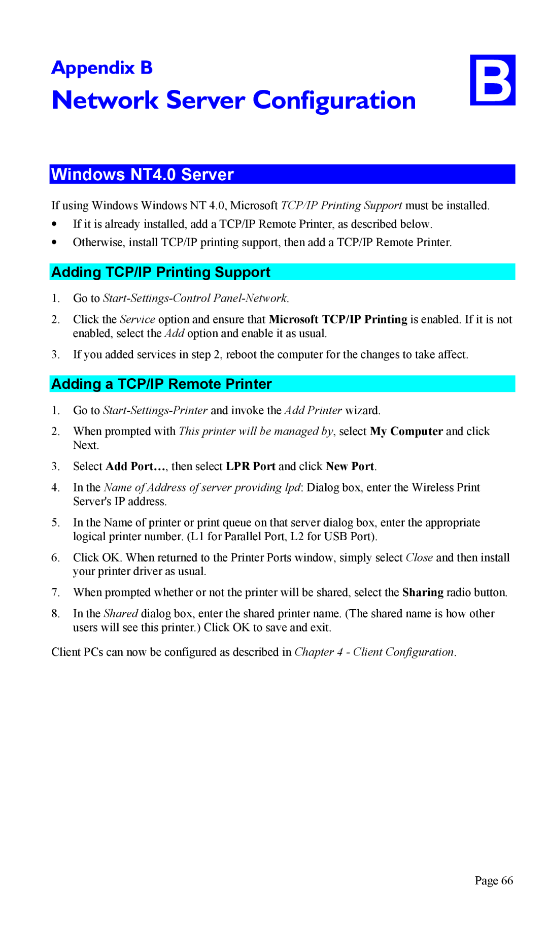 TRENDnet TEW-P1U1P manual Network Server Configuration, Windows NT4.0 Server, Adding TCP/IP Printing Support 