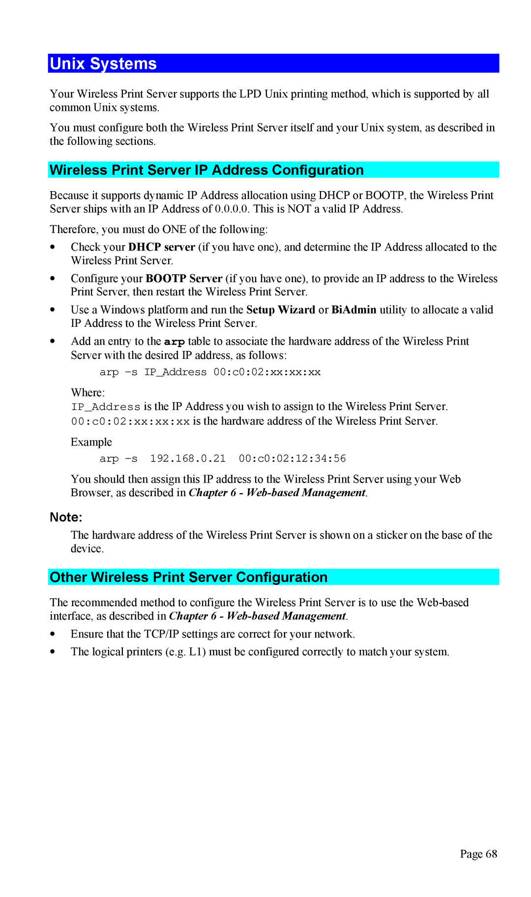 TRENDnet TEW-P1U1P Unix Systems, Wireless Print Server IP Address Configuration, Other Wireless Print Server Configuration 