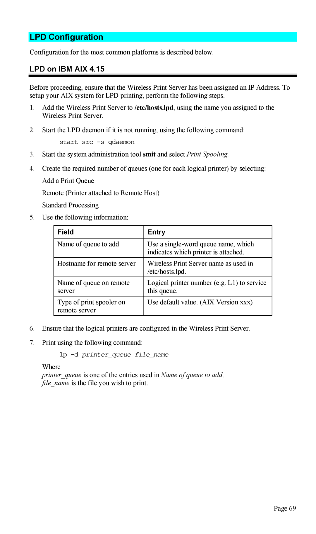 TRENDnet TEW-P1U1P manual LPD Configuration, LPD on IBM AIX, Field Entry 