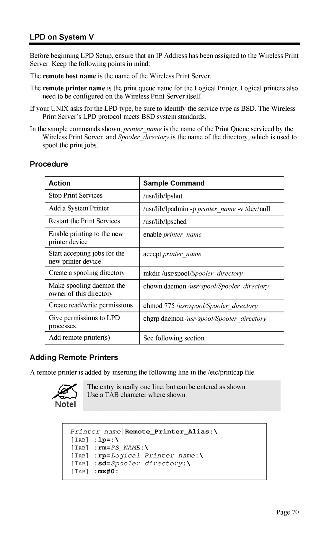 TRENDnet TEW-P1U1P manual LPD on System, Procedure, Adding Remote Printers, Action Sample Command 