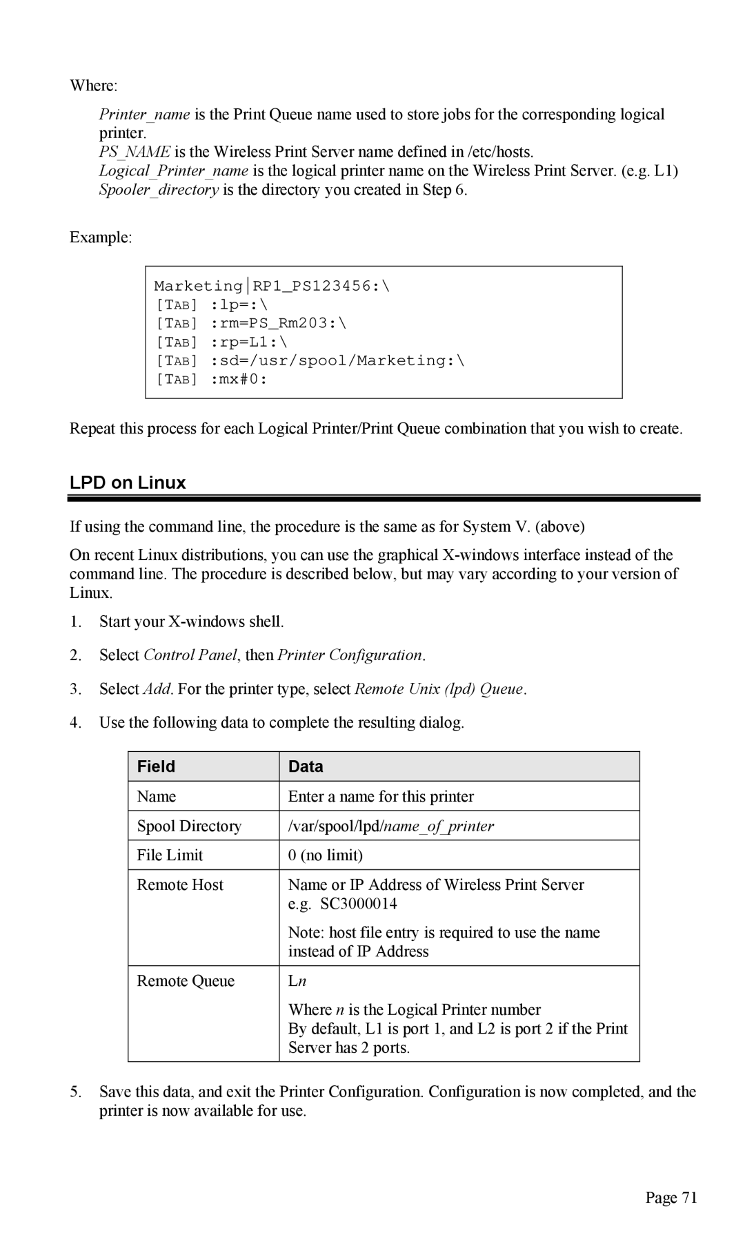 TRENDnet TEW-P1U1P manual LPD on Linux, Select Control Panel, then Printer Configuration, Field Data 