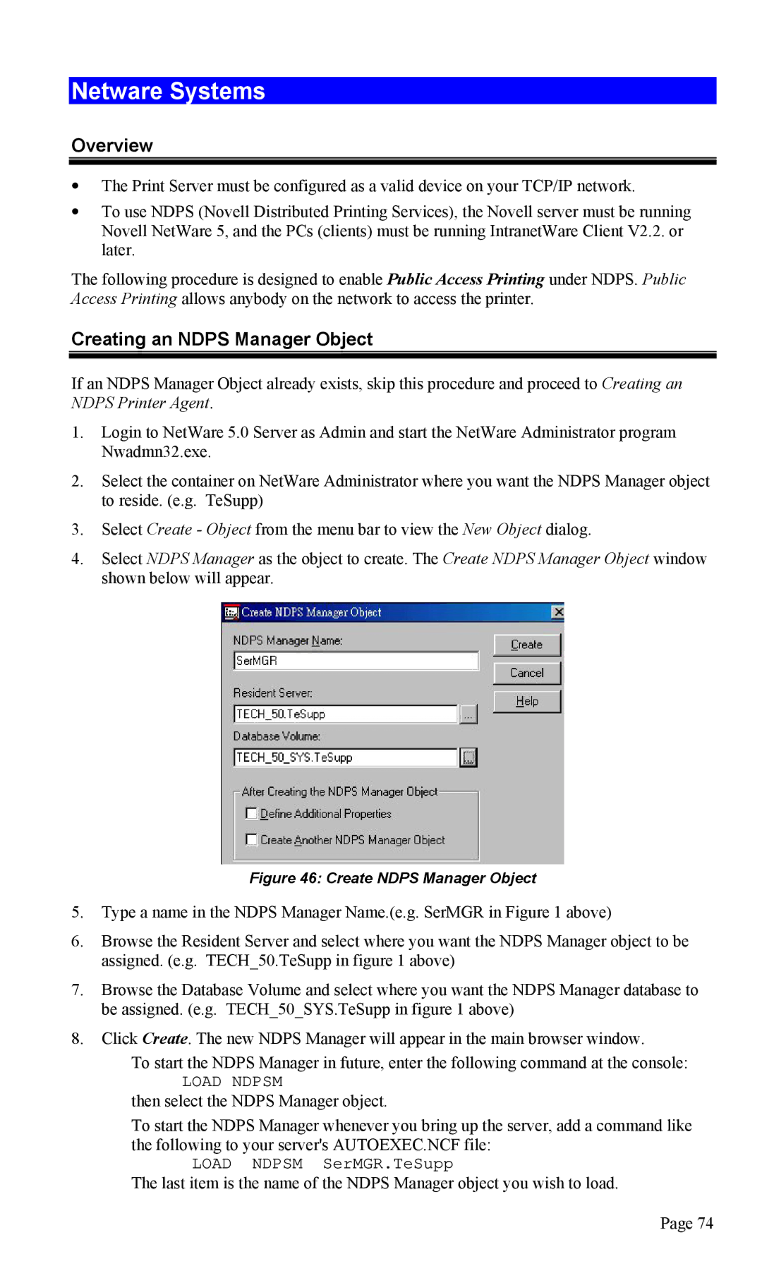 TRENDnet TEW-P1U1P manual Netware Systems, Overview, Creating an Ndps Manager Object 