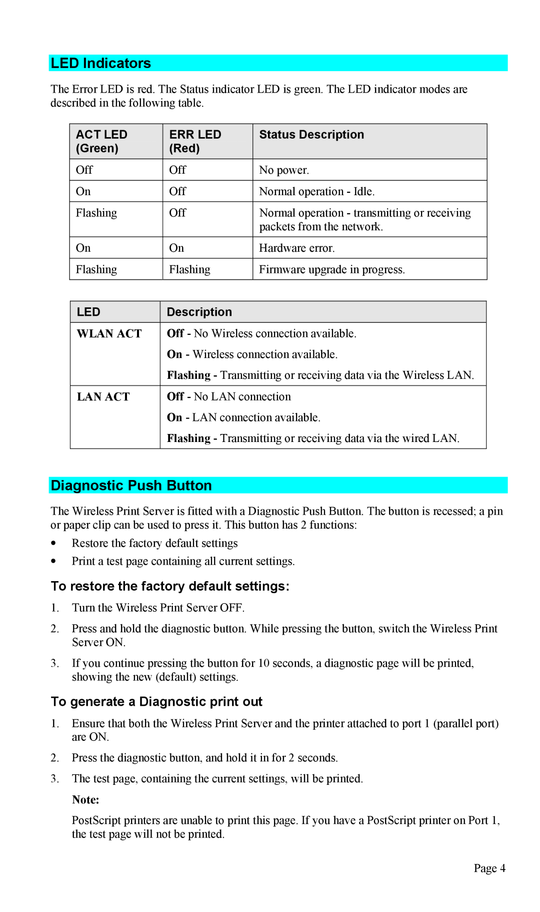 TRENDnet TEW-P1U1P manual LED Indicators, Diagnostic Push Button, To restore the factory default settings 