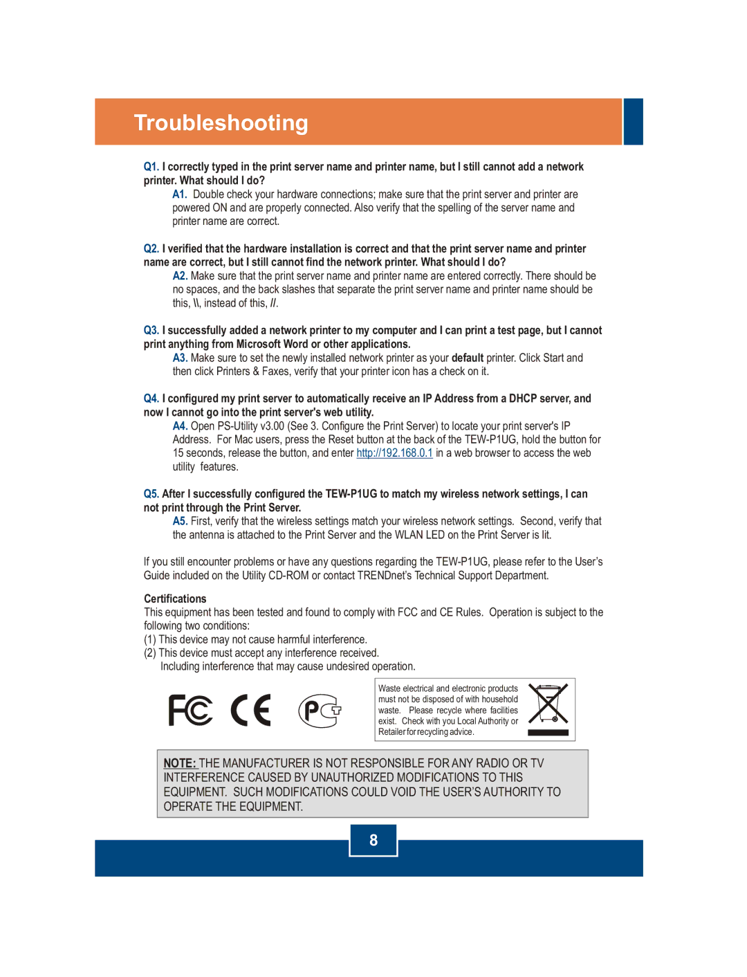 TRENDnet TEW-P1UG manual Troubleshooting, Certifications 