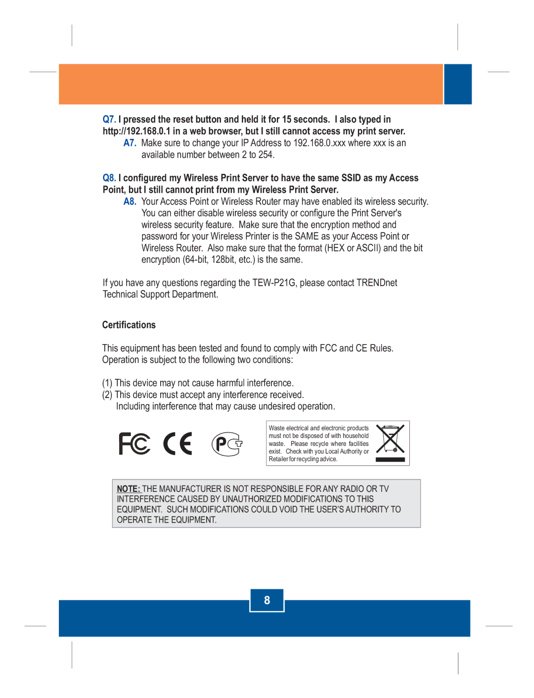 TRENDnet TEW-P21G manual Certifications 