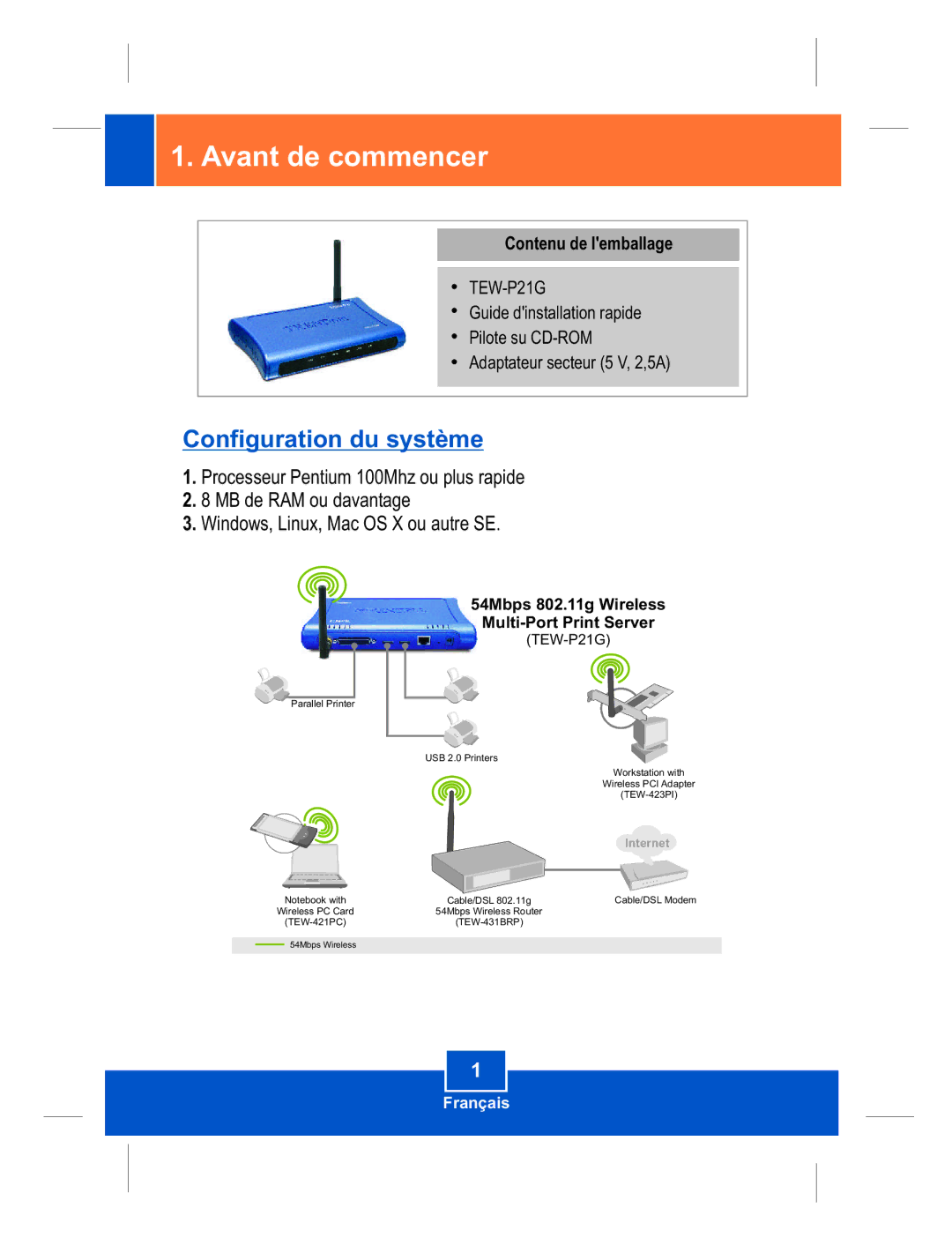 TRENDnet TEW-P21G manual Avant de commencer, Configuration du système 