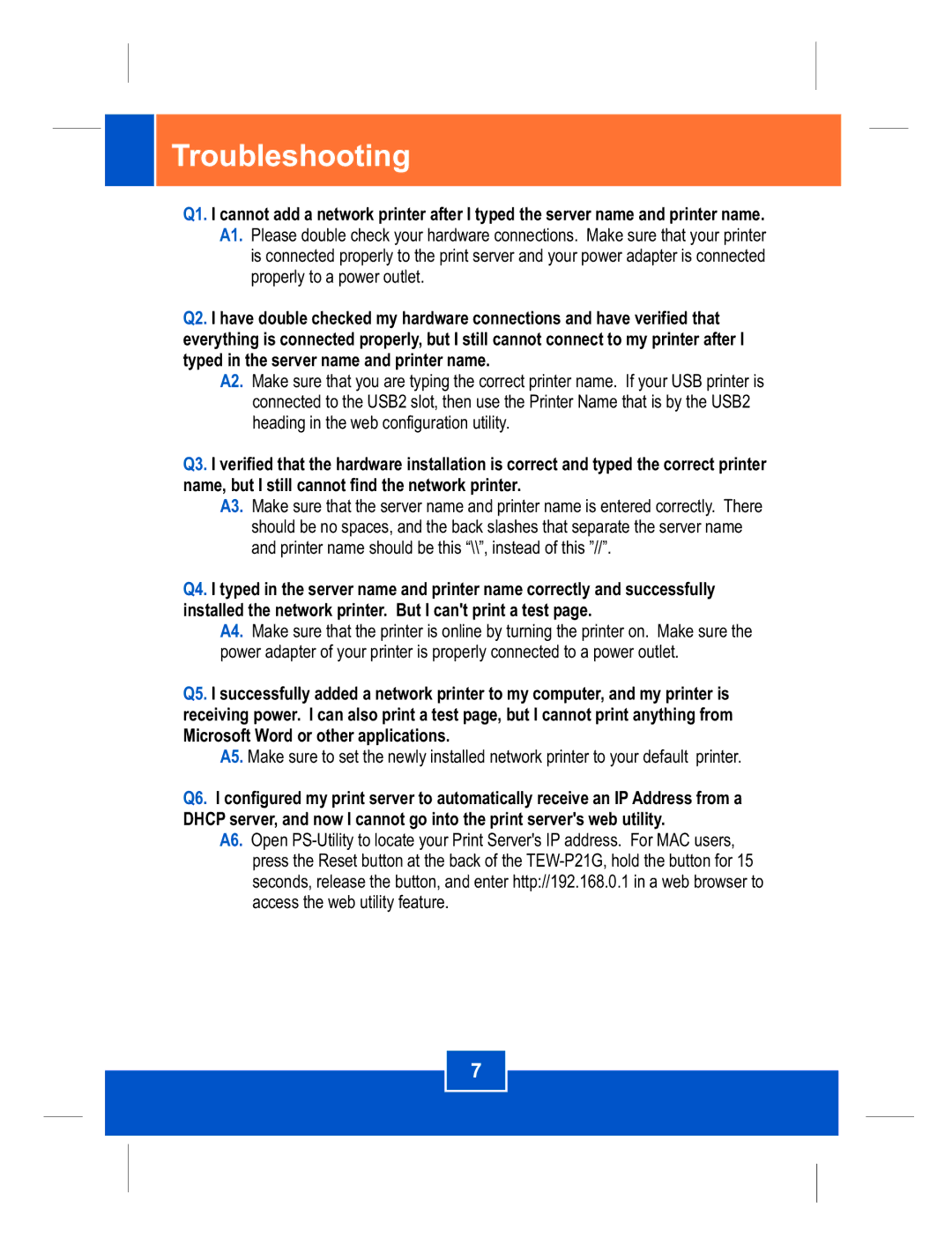 TRENDnet TEW-P21G manual Troubleshooting 