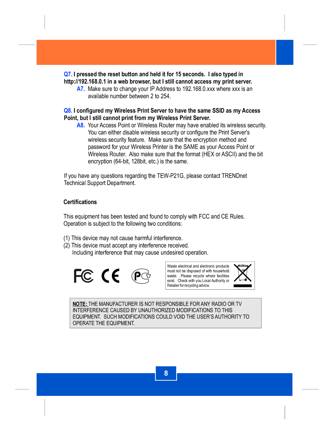 TRENDnet TEW-P21G manual Certifications 